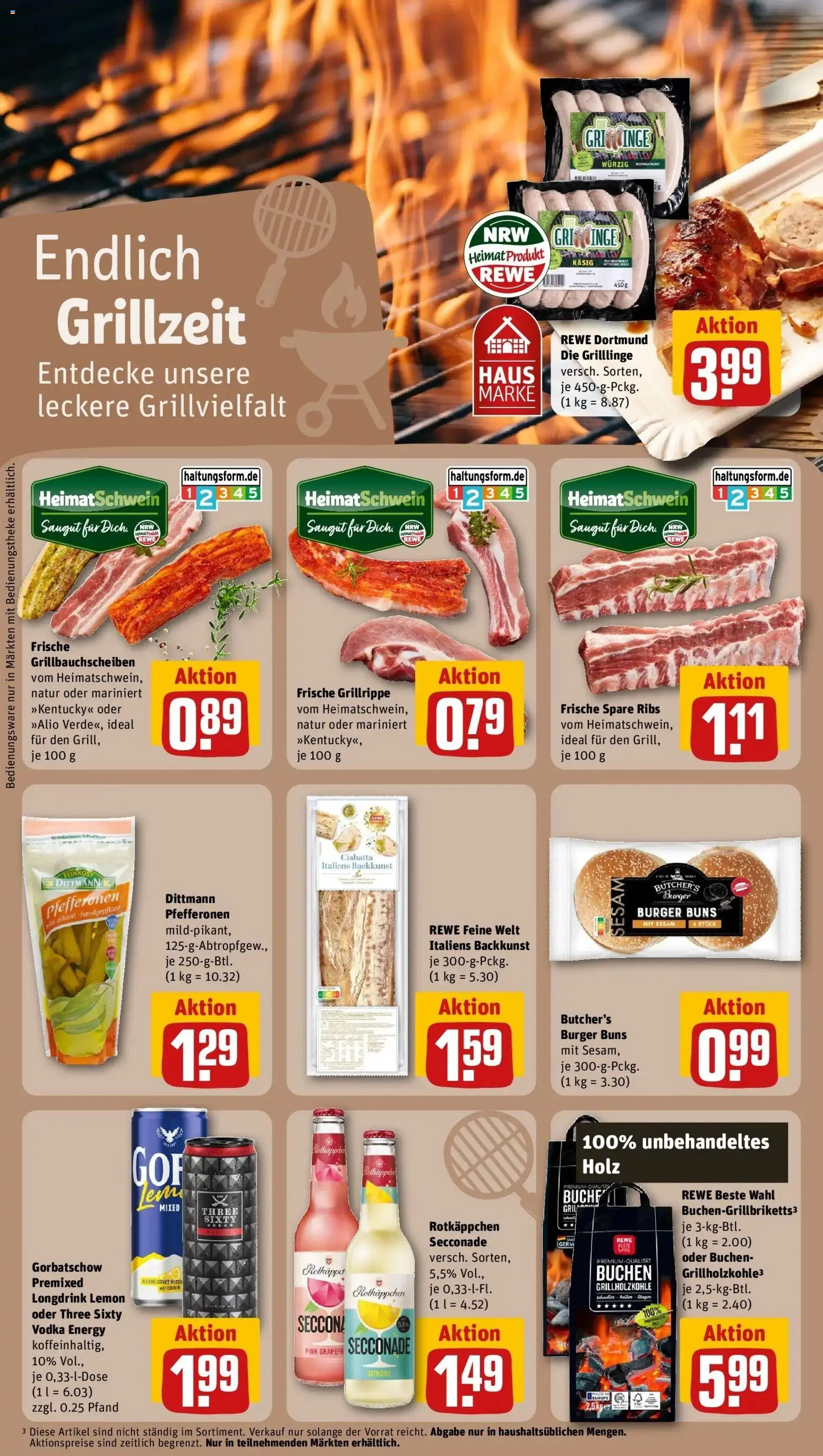 Vorschau von dem Prospekt des Geschäftes Rewe, gültig ab dem 05.04.2026 - Burger, Spare ribs, Rotkäppchen, Vodka, Zitrone, Energy