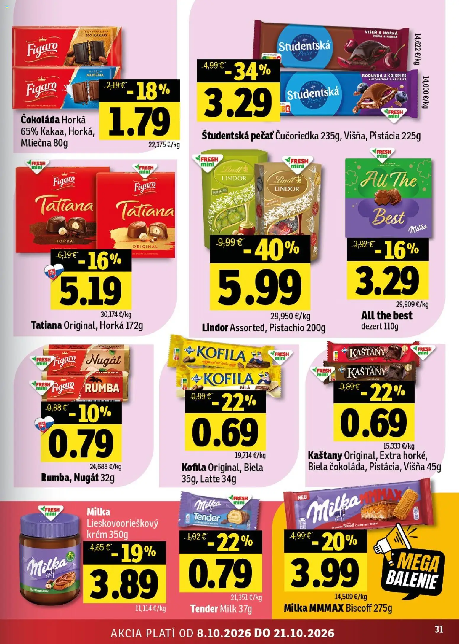 Náhľad Fresh letáku platného od 08.10.2026 - Čokoláda, Lindt, Milka, Dezert, Kakao, Lindor, Študentská pečať, Krém