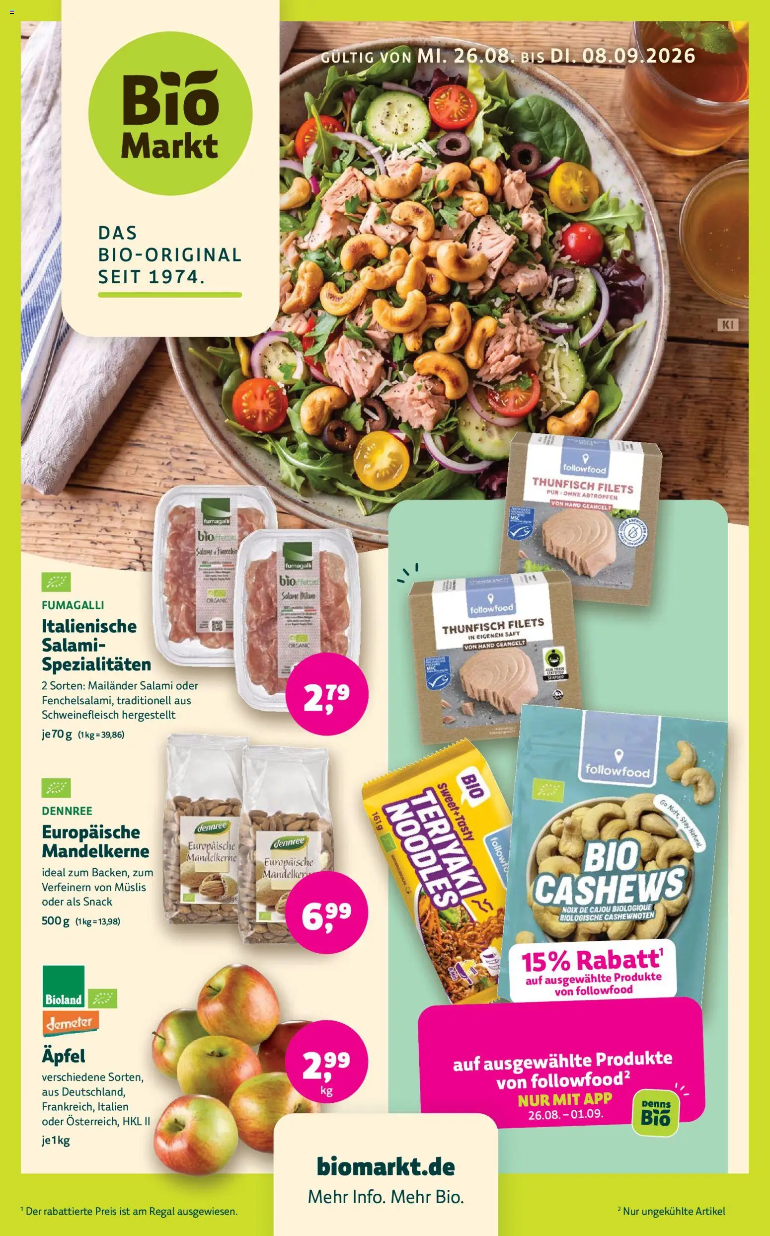 Vorschau von dem Prospekt des Geschäftes BioMarkt, gültig ab dem 26.08.2026 - Äpfel, Thunfisch, Regal, Salami, Saft, Schweinefleisch, Spezialitäten