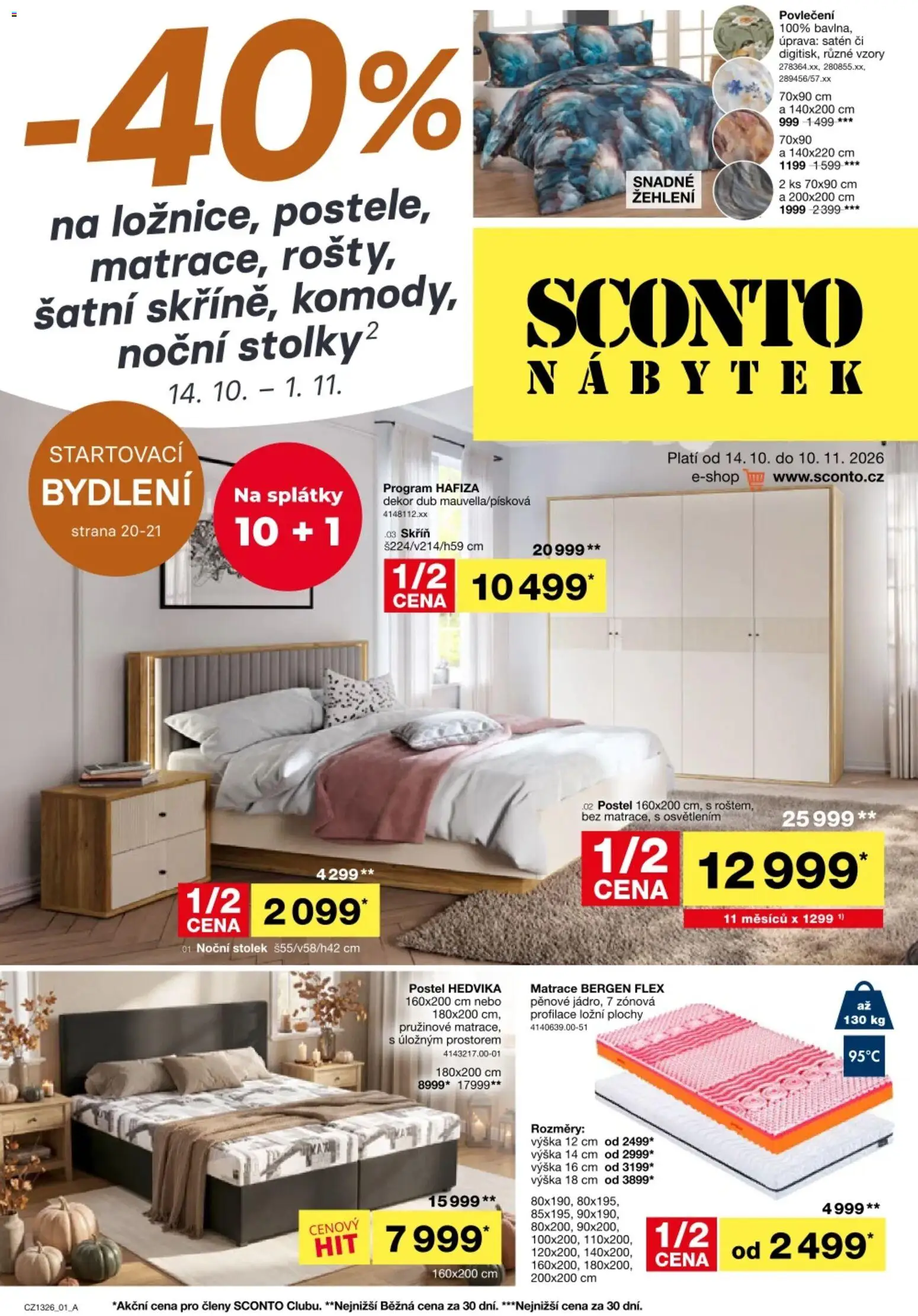 Náhled nabídky: Sconto nábytek Sconto nábytek leták platný od 14.10.2026 - Povlečení, Nábytek, Postel, Matrace, Noční stolek, Skříň, Stolek