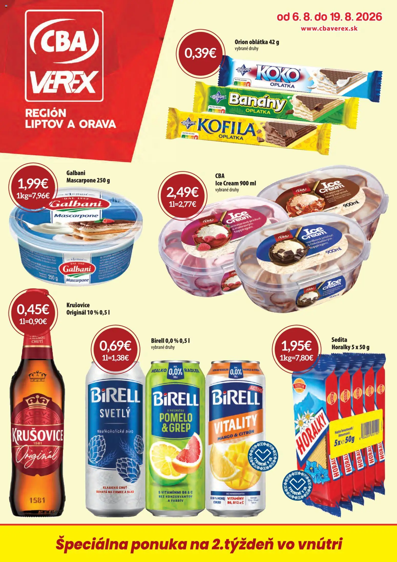 Náhľad CBA Verex letáku platného od 06.08.2026 - Mango, Pivo, Mascarpone, Pomelo, Grep, Banány, Nealkoholické pivo, Horálky