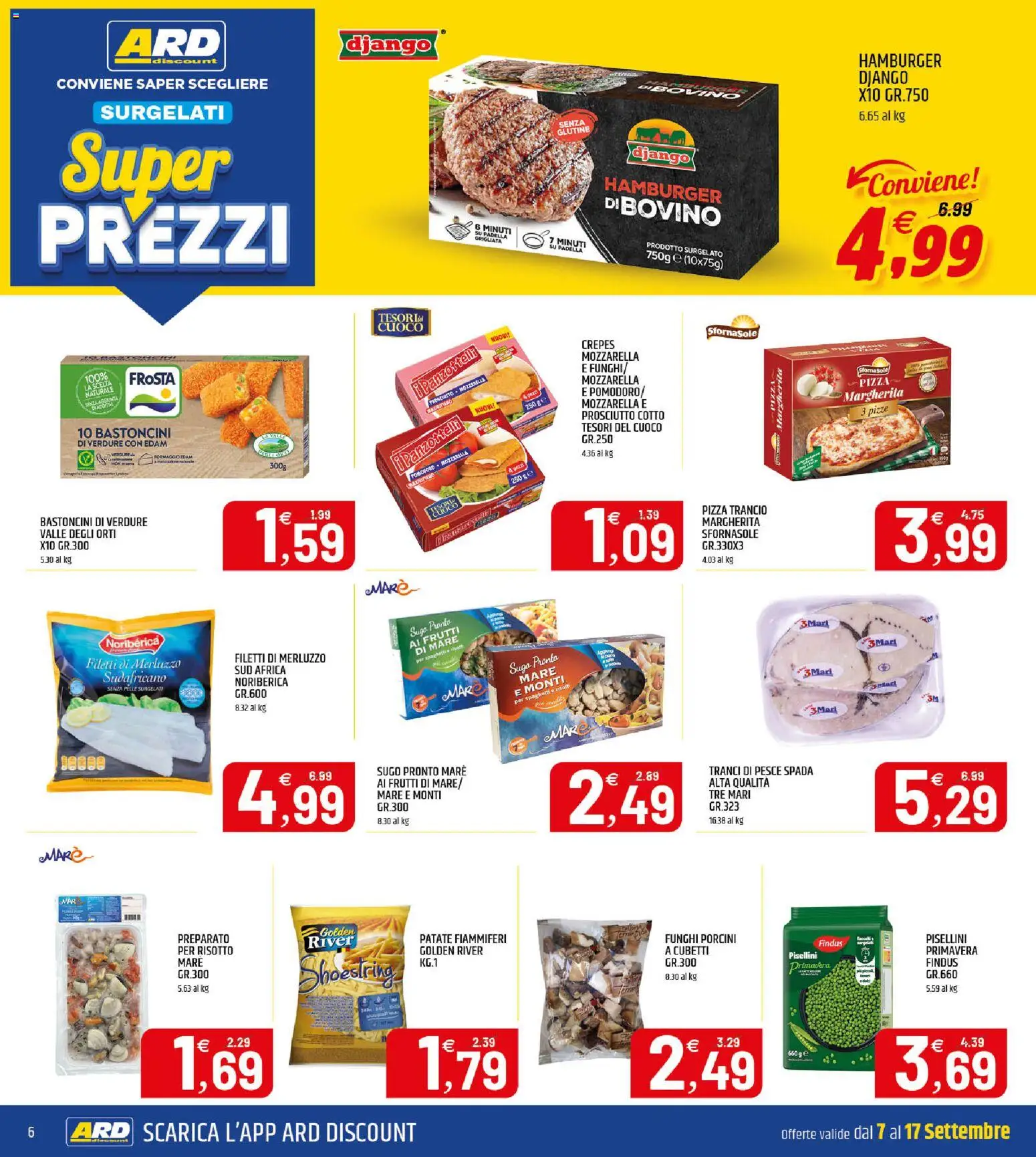 Anteprima dell'opuscolo ARD Discount volantino dal negozio ARD Discount valido da 07/09/2026 - Pizza, Hamburger, Pesce, Funghi, Pesce spada, Mozzarella, Merluzzo, Prosciutto Cotto