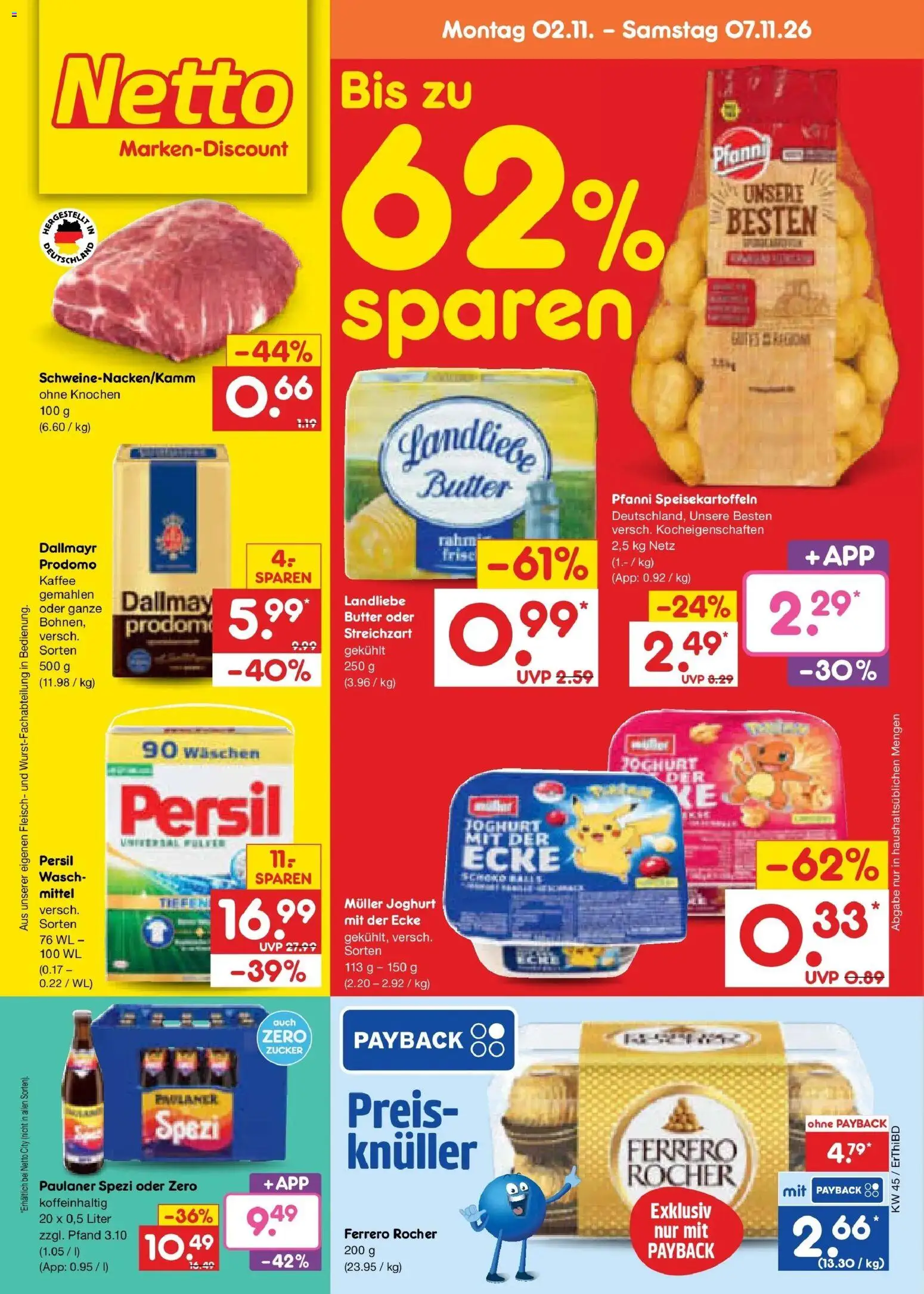 Vorschau von dem Prospekt des Geschäftes Netto Marken-Discount, gültig ab dem 02.11.2026 - Butter, Paulaner spezi, Dallmayr, Zucker, Paulaner, Persil, Dallmayr prodomo, Landliebe butter