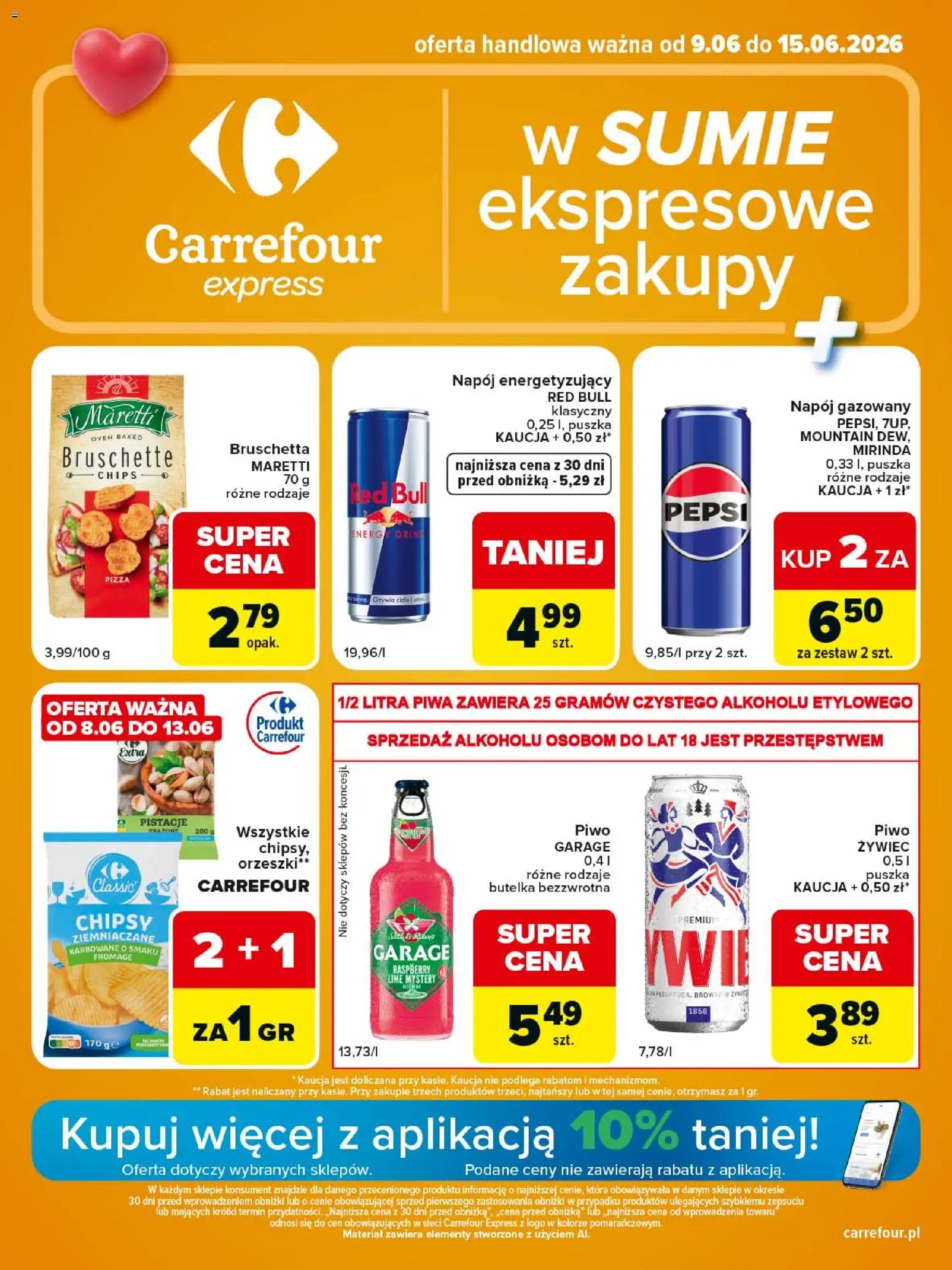 Pogląd gazetki "Carrefour gazetka - Express II" ze sklepu Carrefour ważnej od 09.06.2026 - Pizza, Piwo, Red bull, Bruschetta, Pistacje, Chipsy, Pepsi, Chipsy ziemniaczane