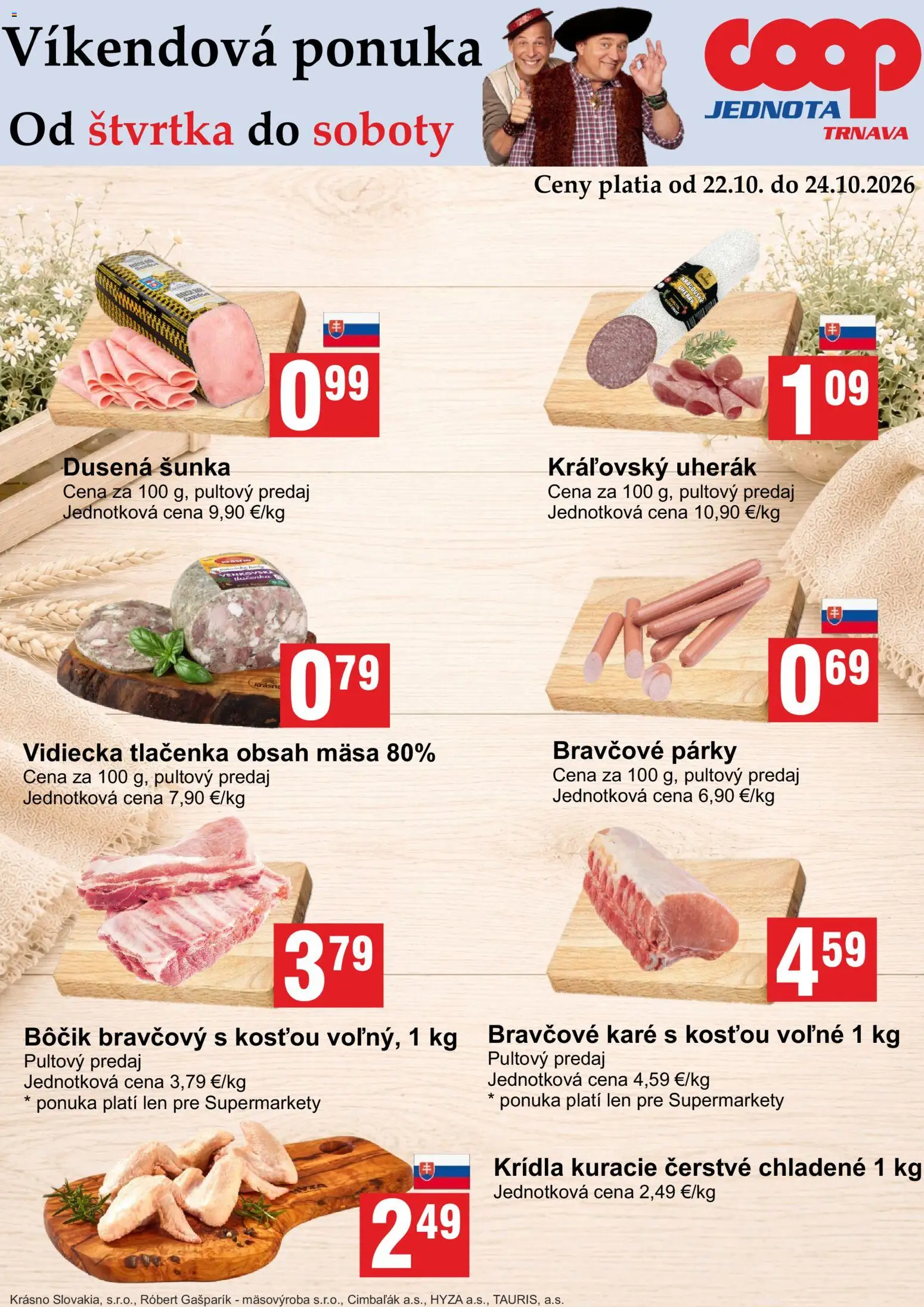 Náhľad COOP Jednota letáku platného od 22.10.2026 - Bravčové karé, Šunka, Párky, Bôčik, Tlačenka