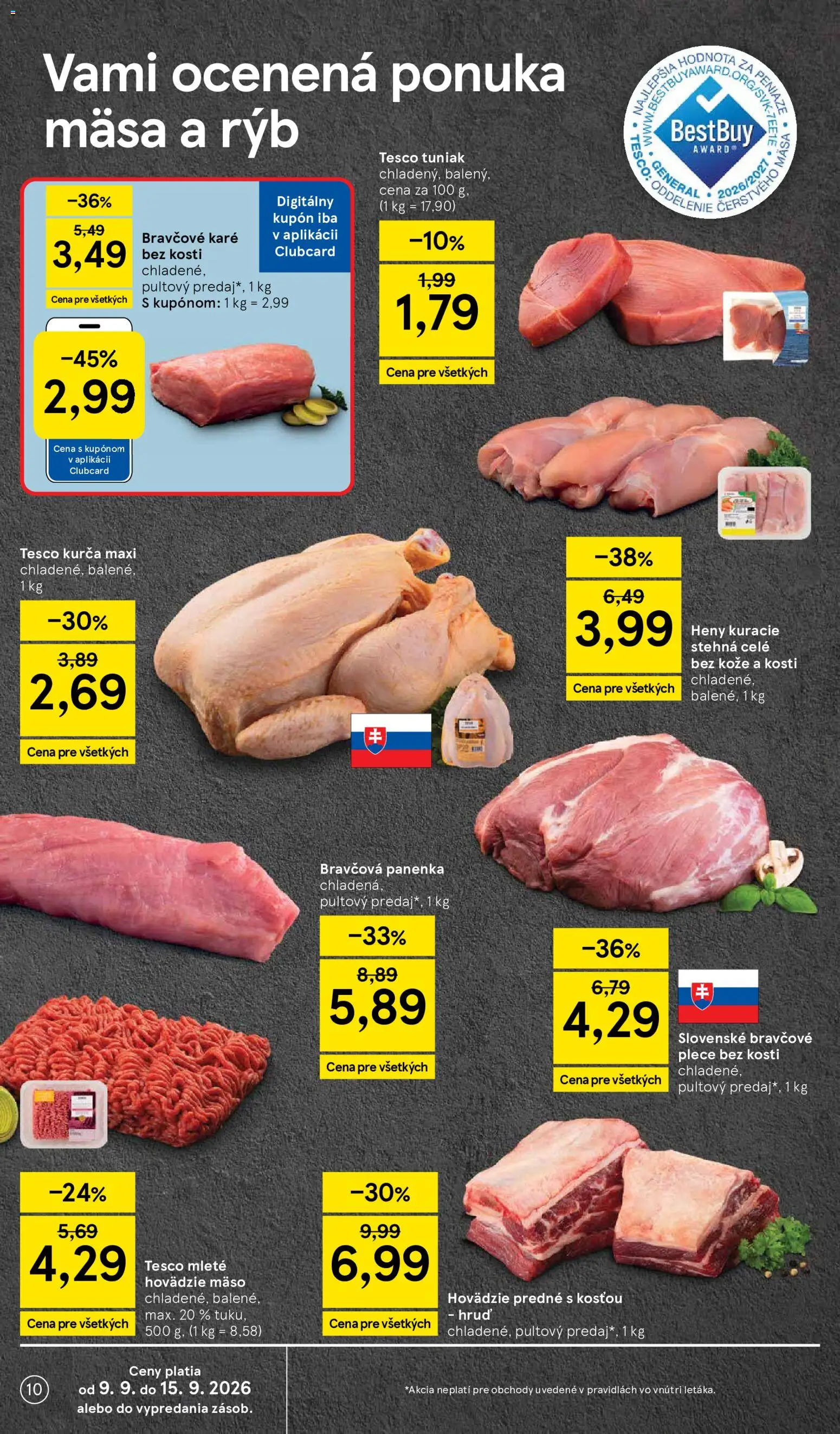 Náhľad Tesco letáku platného od 09.09.2026 - Mäso, Bravčová panenka, Bravčové karé, Hovädzie mäso, Tuniak, Kurča, Hovädzie predné, Bravčové plece