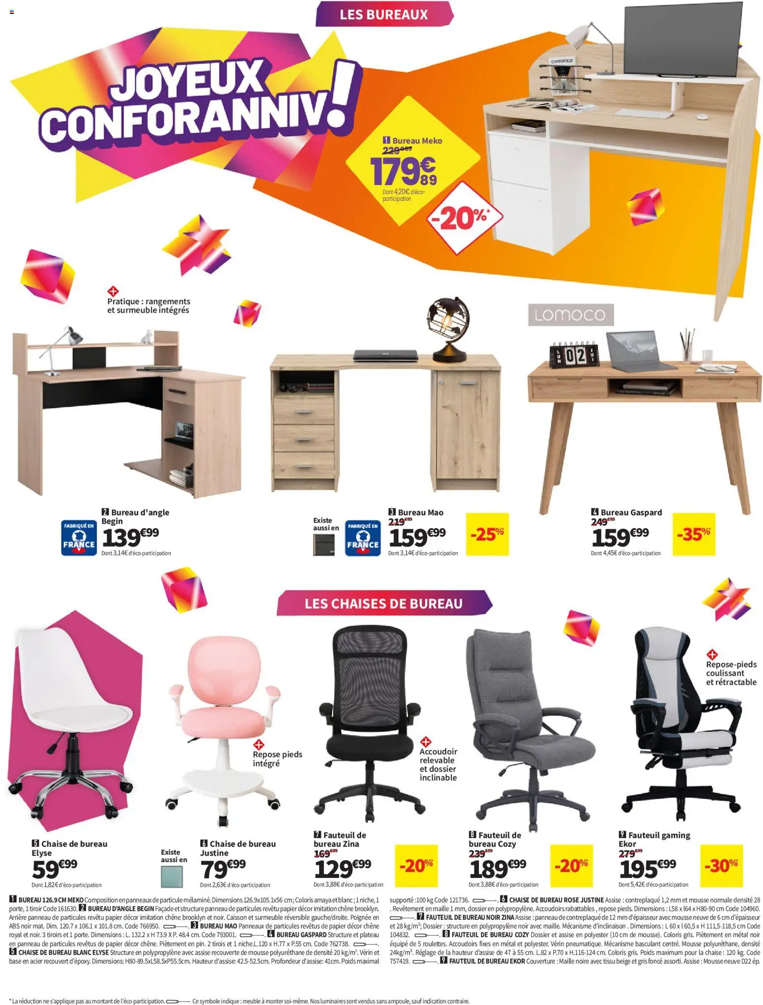 Prévisualisation de Conforama catalogue du magasin Conforama formulaire valide 08/09/2026 - Bureau, Fauteuil, Chaise de bureau, Chaise, Mousse, Couverture, Poids, Base