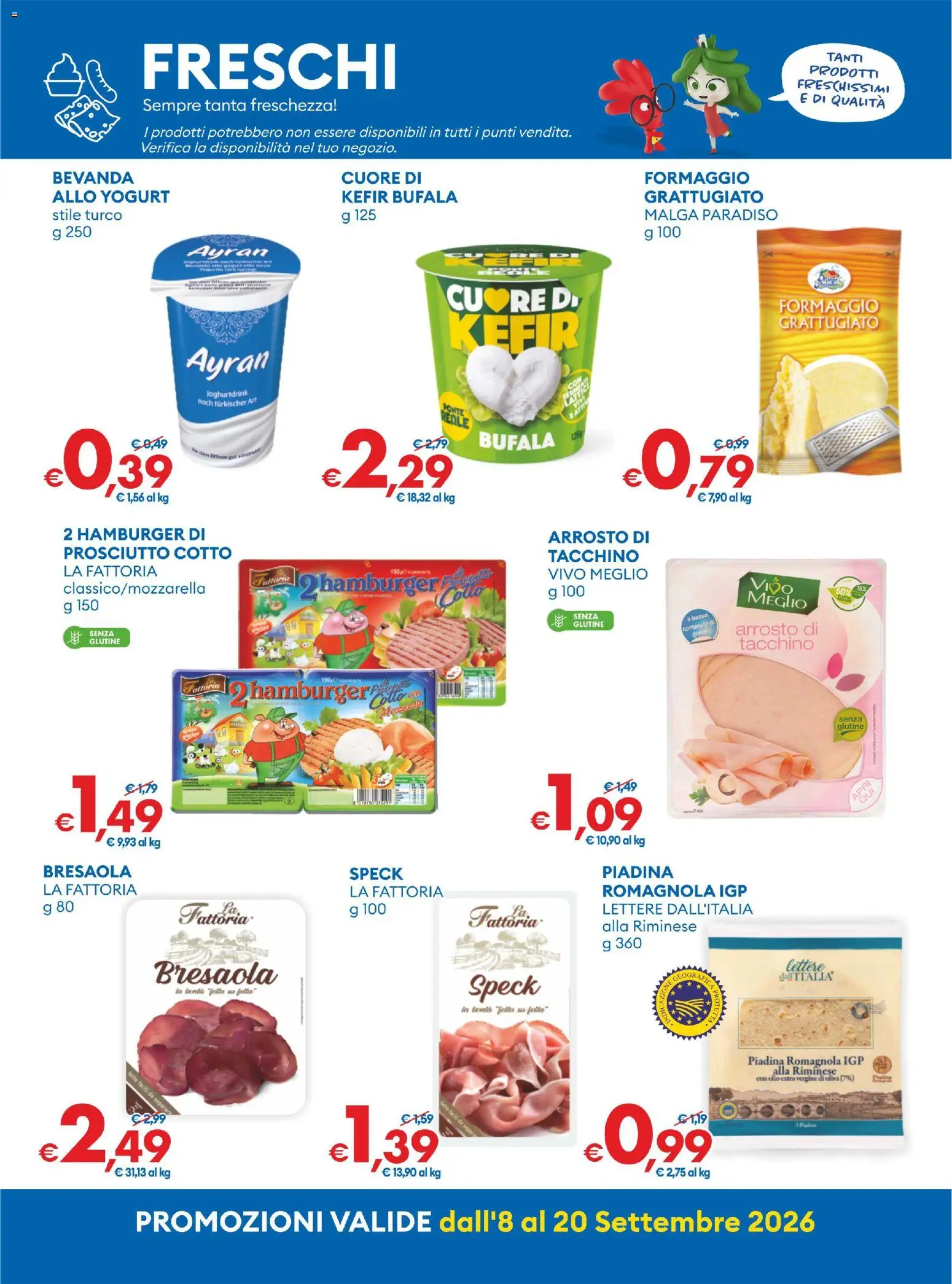 Anteprima dell'opuscolo MD Discount volantino dal negozio MD Discount valido da 08/09/2026 - Hamburger, Kefir, Piadina, Formaggio, Tacchino, Prosciutto Cotto, Arrosto, Olio extra vergine