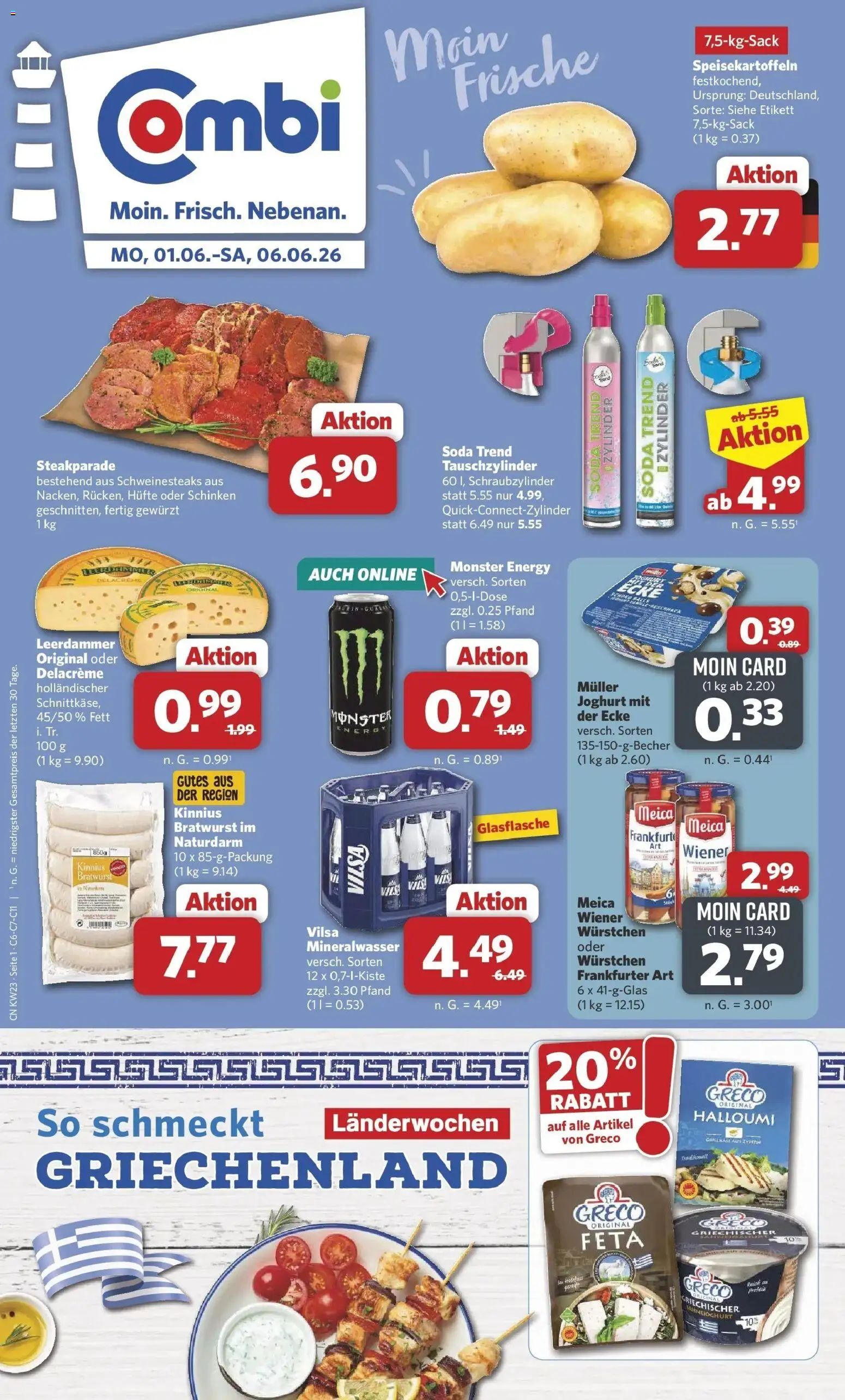 Vorschau von dem Prospekt des Geschäftes Combi, gültig ab dem 01.06.2026 - Monster, Bratwurst, Mineralwasser, Feta, Energy, Schinken, Leerdammer, Meica