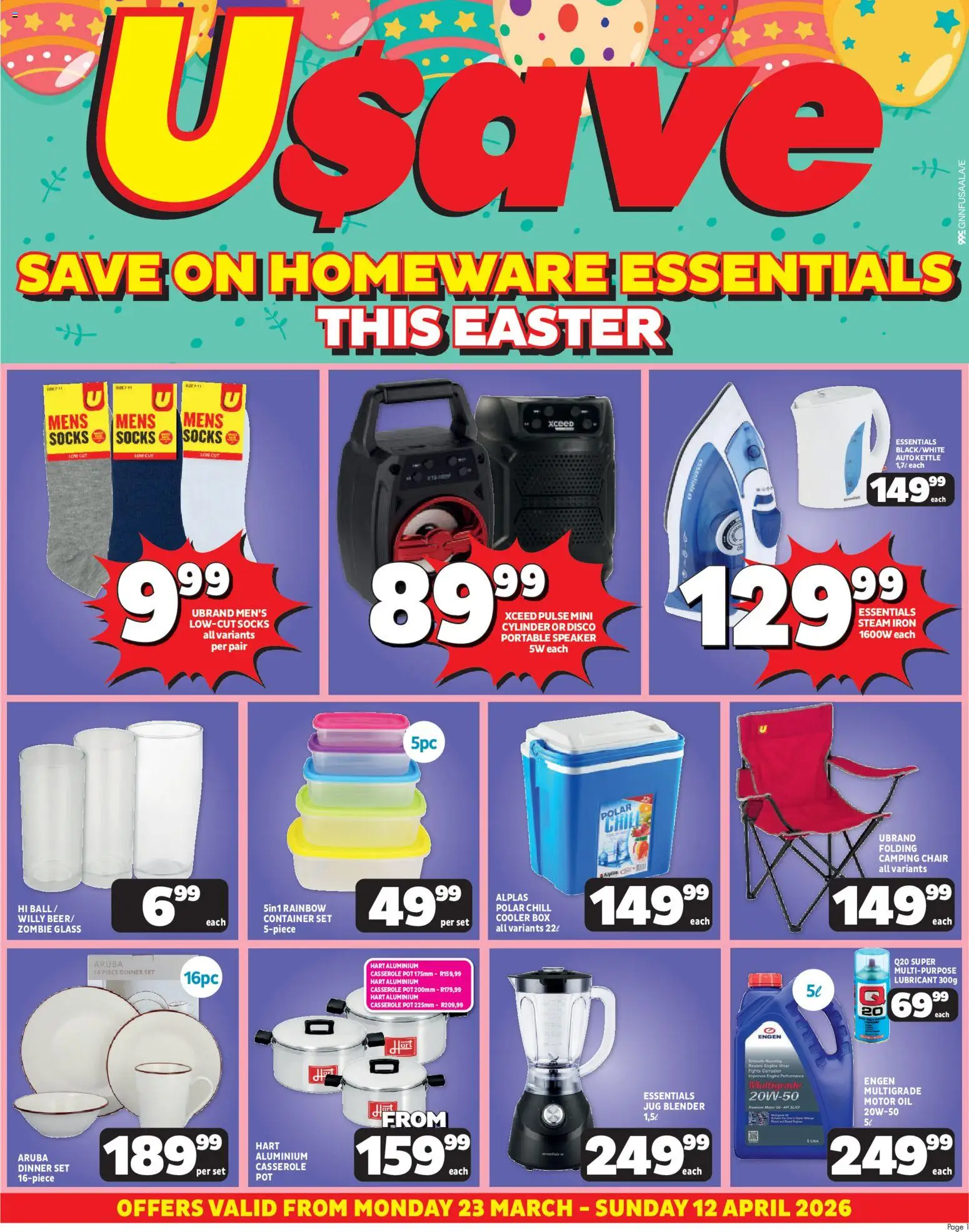 Preview of Usave flyer valid from 23/03/2026 - Blender, Kettle, Iron, Speaker, Chair, Oil, Socks, Cooler