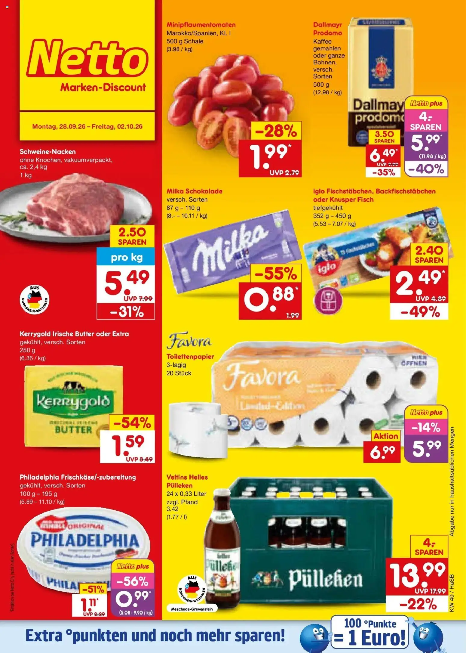 Vorschau von dem Prospekt des Geschäftes Netto Marken-Discount, gültig ab dem 28.09.2026 - Kaffee, Butter, Fisch, Toilettenpapier, Milka schokolade, Veltins, Iglo, Schweinenacken