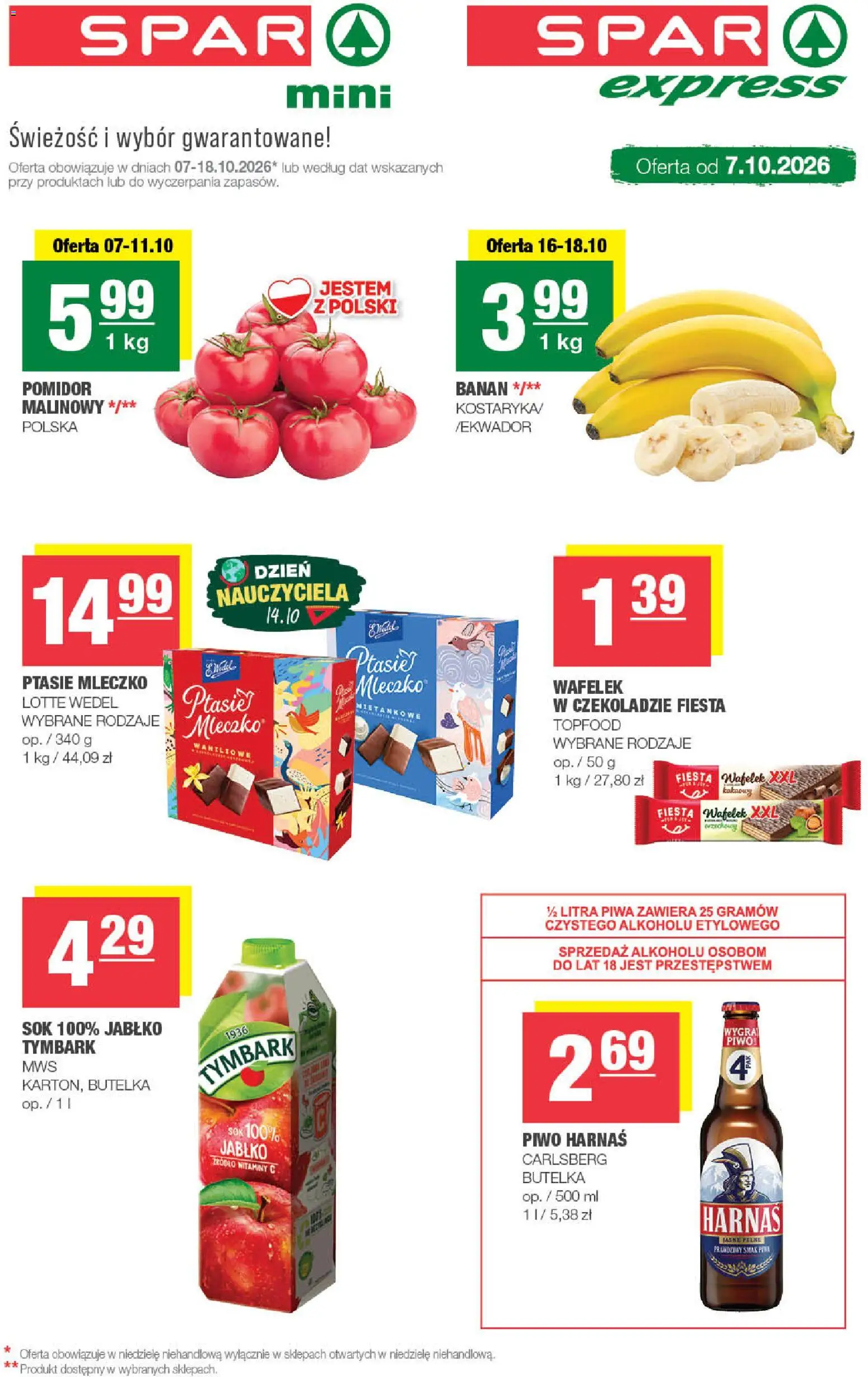 Pogląd gazetki "Spar gazetka - Mini" ze sklepu Spar ważnej od 07.10.2026 - Tymbark, Pomidor, Banan, Sok, Carlsberg, Harnaś, Wafelek, Piwo Harnaś