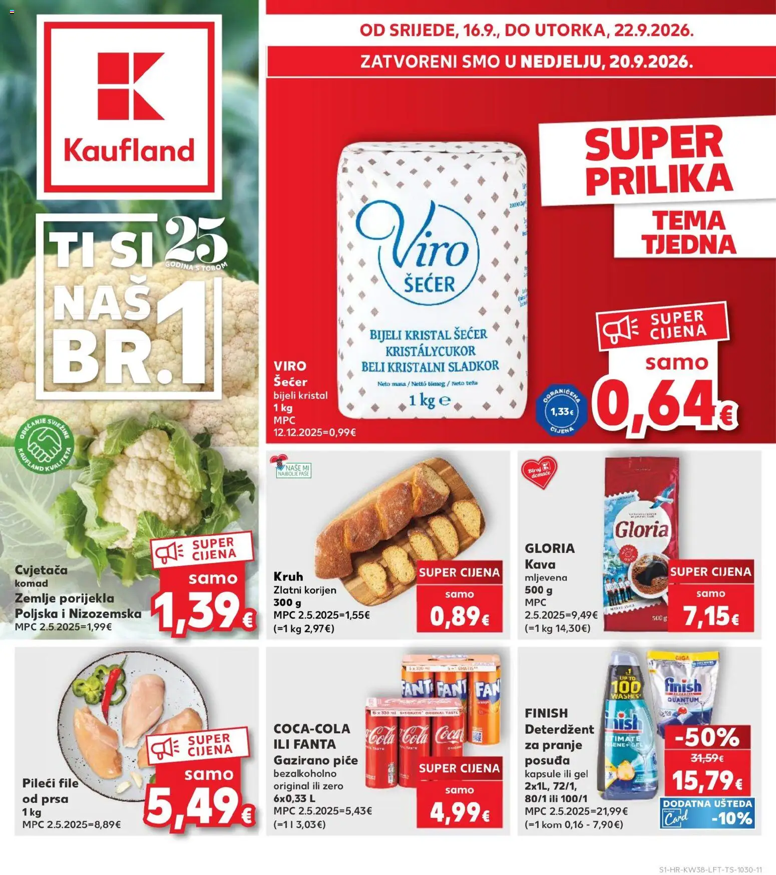Pregled letka Kaufland Katalog trgovine Kaufland vrijedi od 16.09.2026 - Kruh, Šećer, Fanta, Deterdžent, File, Finish, Pileći file, Kapsule