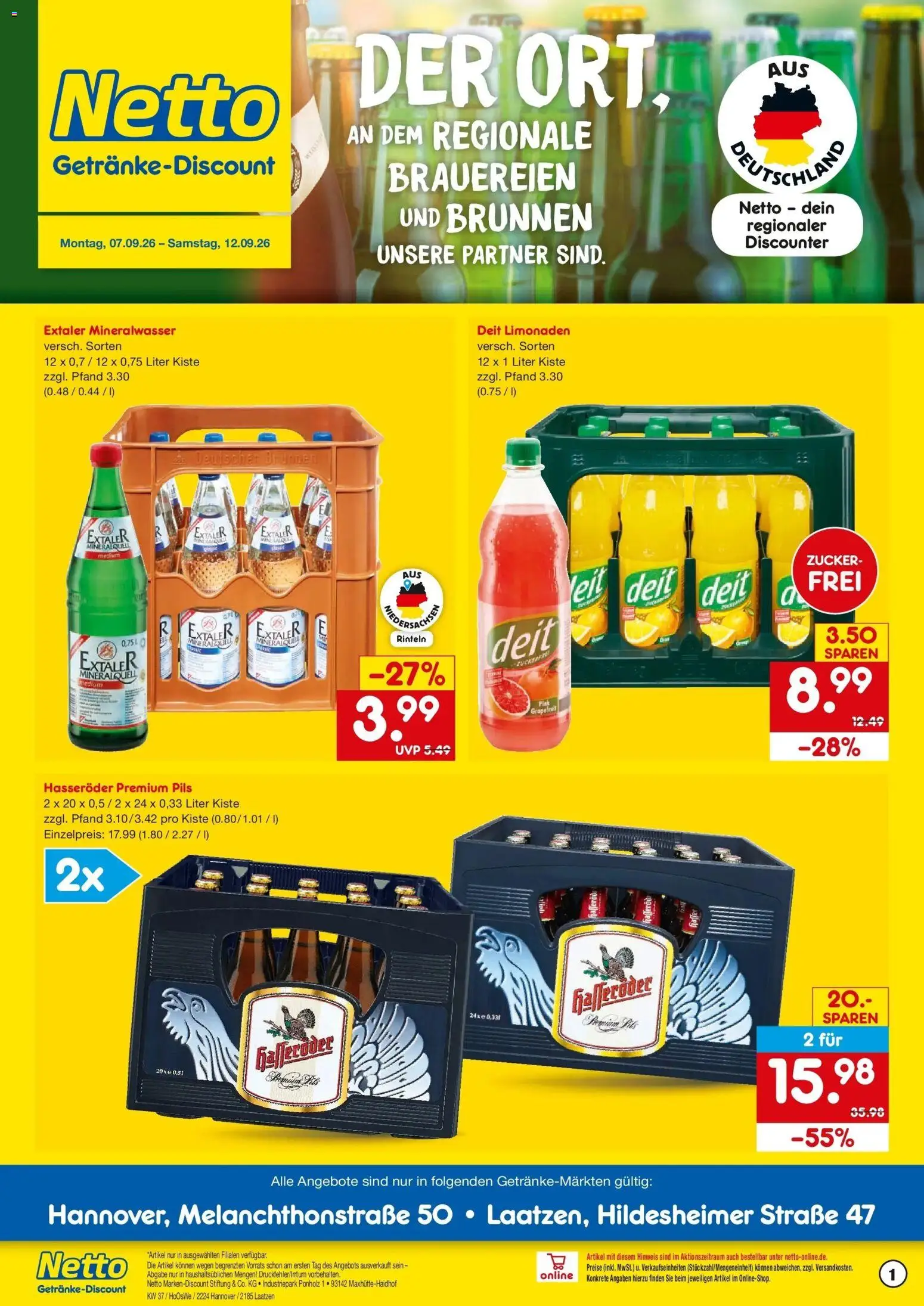Vorschau von dem Prospekt des Geschäftes Netto Marken-Discount, gültig ab dem 07.09.2026 - Mineralwasser, Grapefruit, Zucker, Hasseröder, Pils