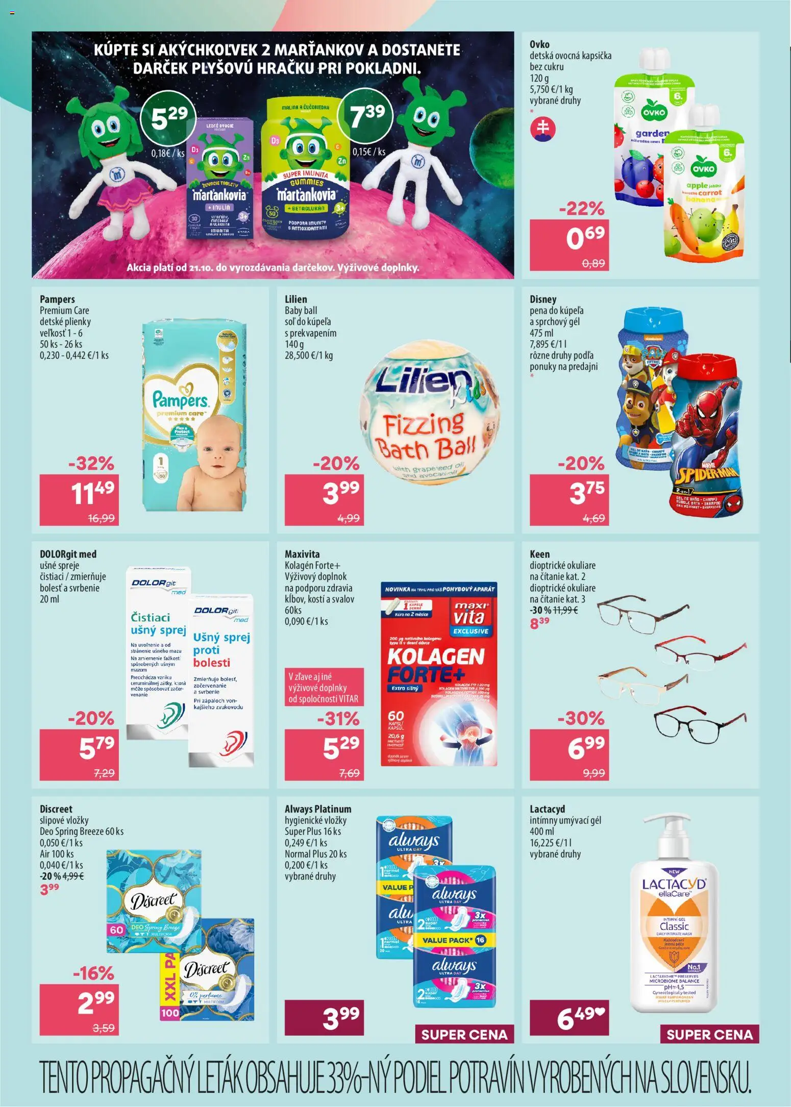 Náhľad 101 drogerie letáku platného od 21.10.2026 - Apple, Med, Okuliare, Pampers, Plienky, Lactacyd, Pampers Premium Care, Marťankovia