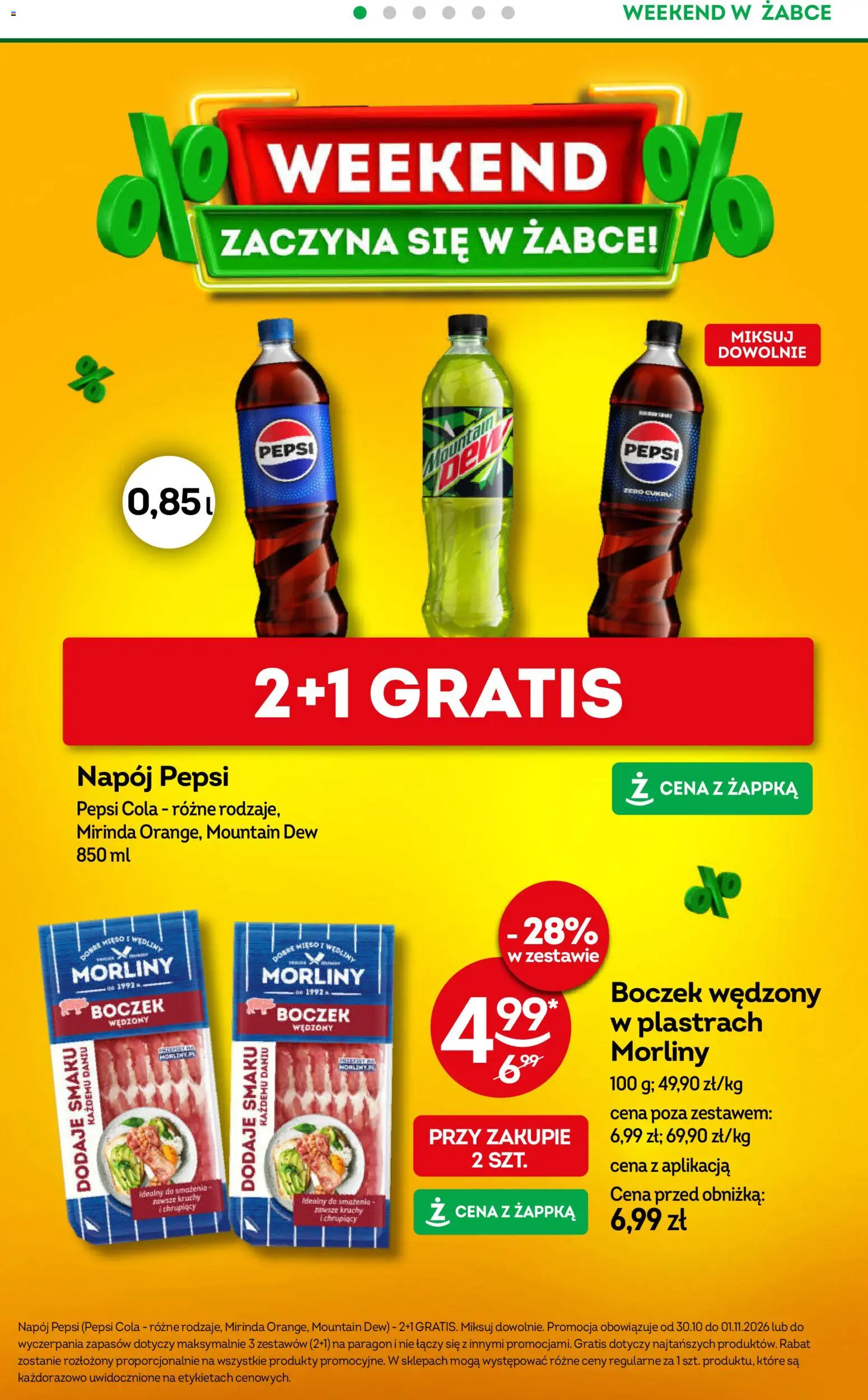 Pogląd gazetki "Żabka gazetka - Weekendowe promocje" ze sklepu Żabka ważnej od 30.10.2026 - Pepsi, Wędliny, Boczek, Boczek wędzony, Pepsi cola