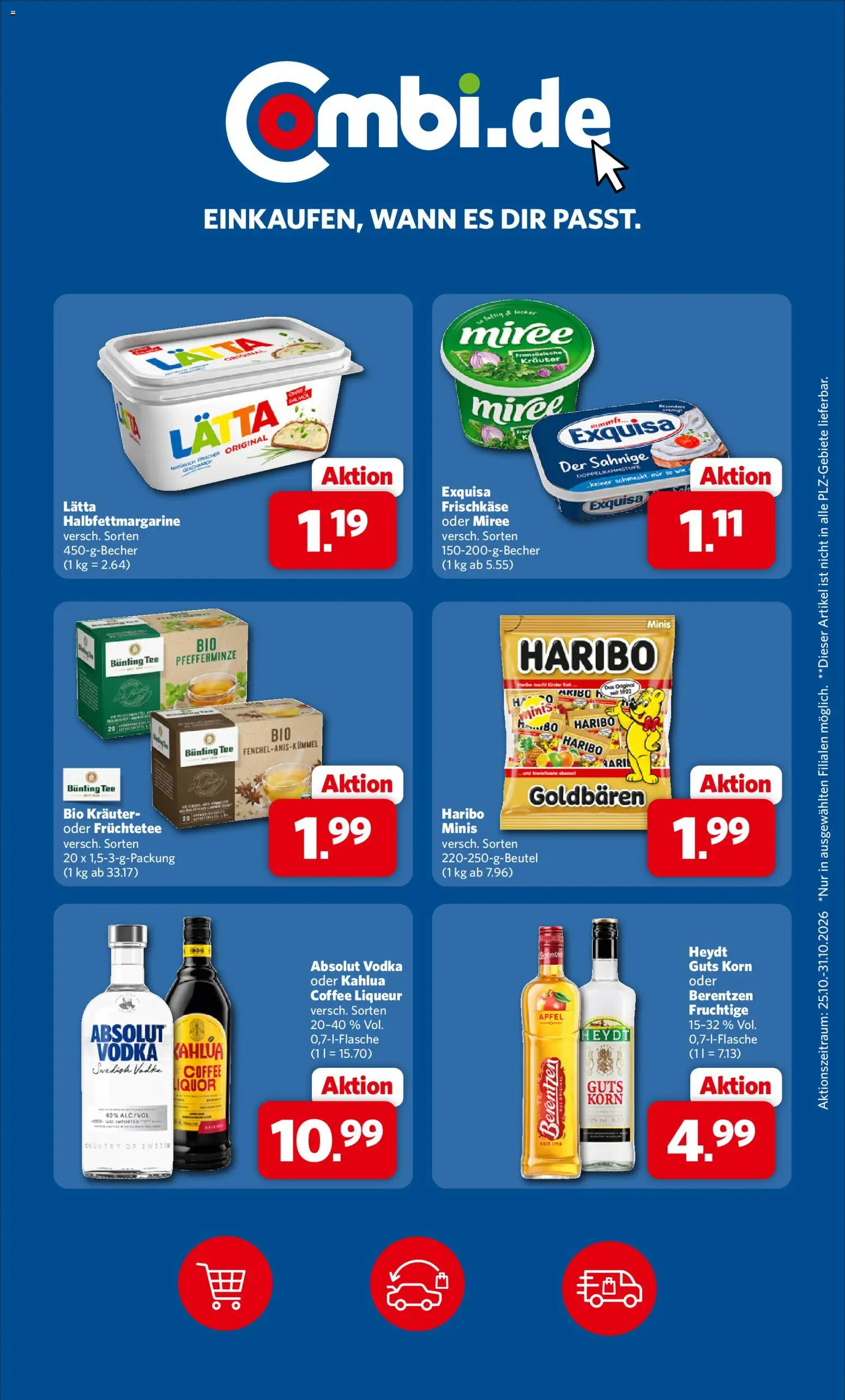 Vorschau von dem Prospekt des Geschäftes Combi, gültig ab dem 26.10.2026 - Haribo, Äpfel, Tee, Vodka, Berentzen, Früchtetee, Exquisa, Frischkase