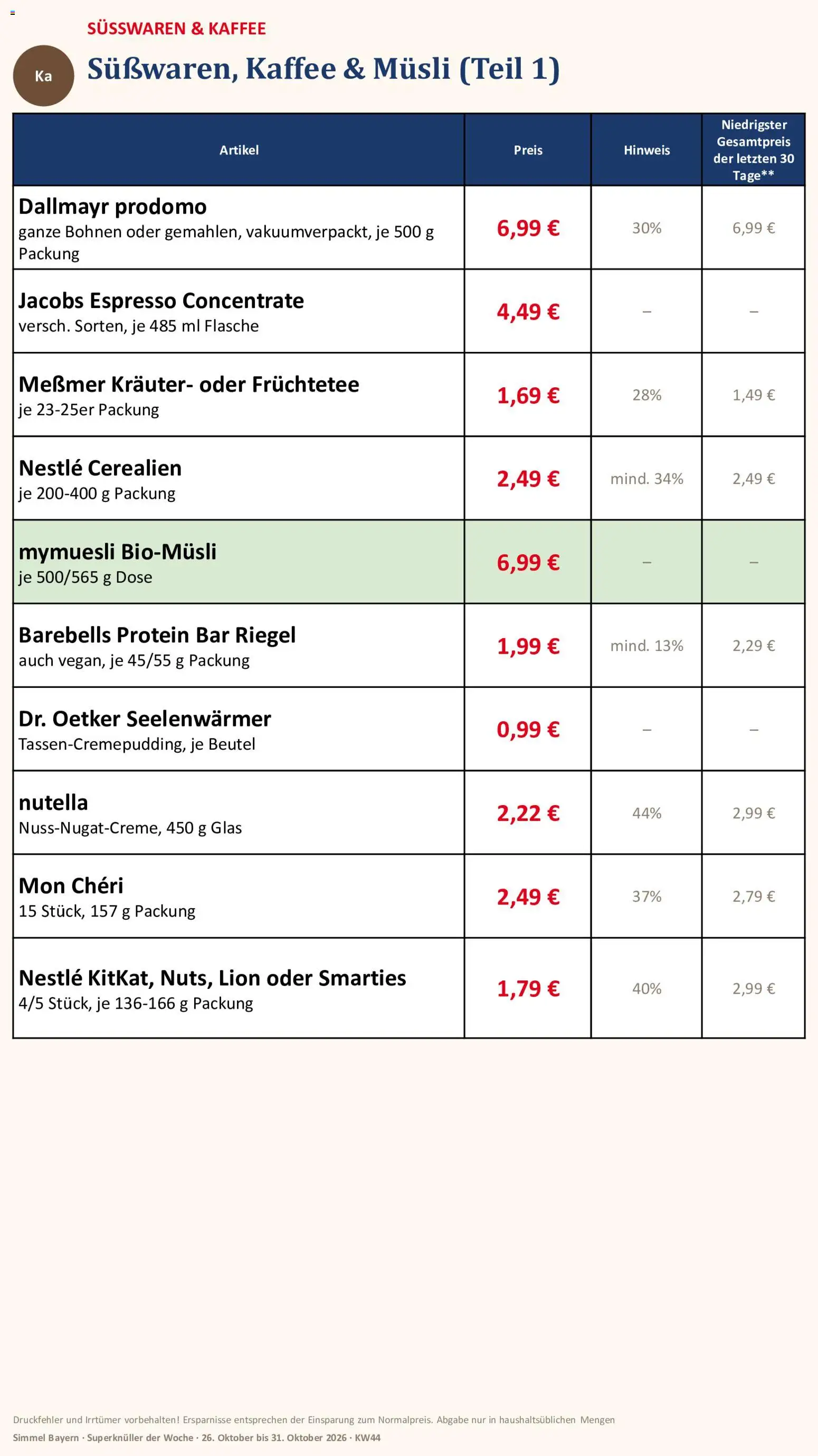 Vorschau von dem Prospekt des Geschäftes Simmel, gültig ab dem 26.10.2026 - Kaffee, Nutella, Dallmayr, Dallmayr prodomo, Süßwaren, Messmer, Mon cheri, Früchtetee