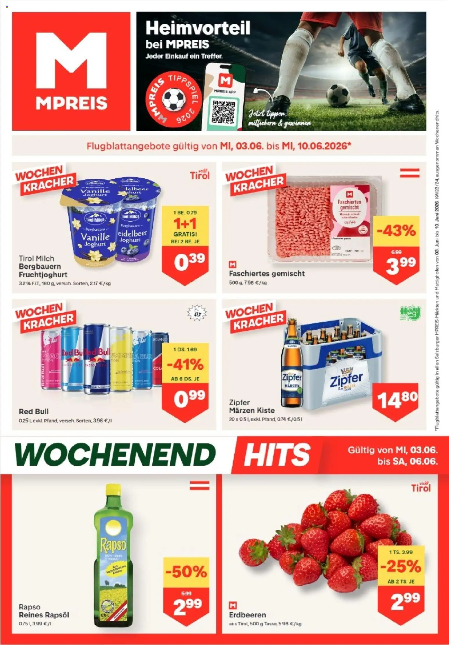 Vorschau der Angebote: MPREIS MPREIS Altenmarkt im Pongau gültig ab 03.06.2026 - Erdbeeren, Milch, Joghurt, Rapsöl, Vanille