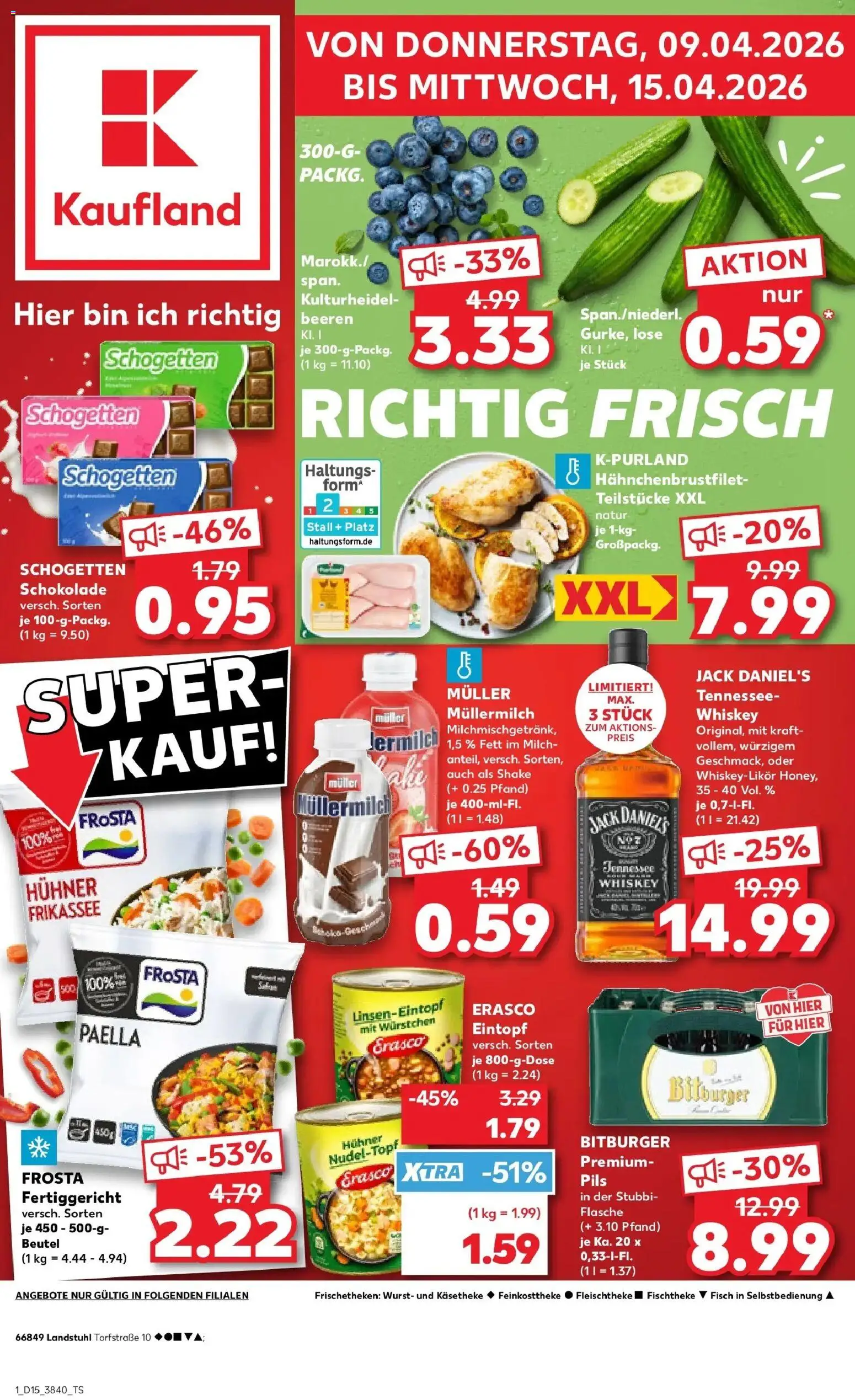 Vorschau von dem Prospekt des Geschäftes Kaufland, gültig ab dem 08.04.2026 - Schokolade, Fisch, Wurst, Whiskey, Bitburger, Pils, Erasco, Muller mullermilch