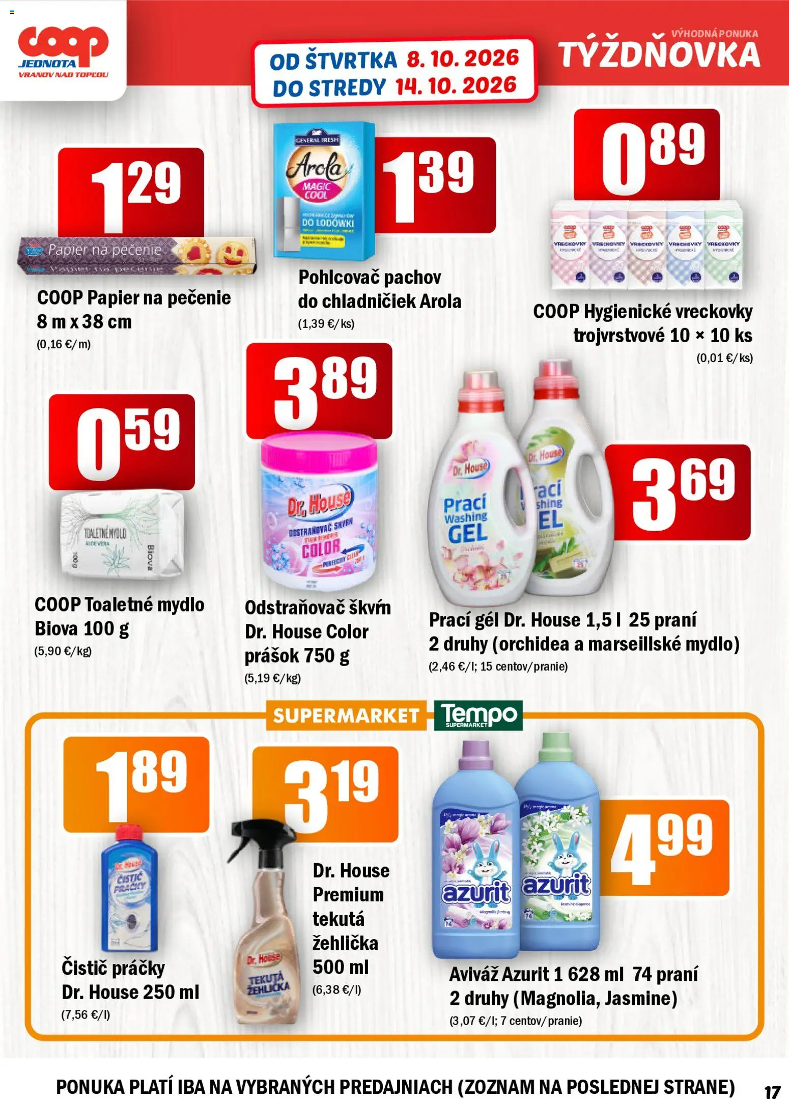 Náhľad COOP Jednota letáku platného od 08.10.2026 - Orchidea, Práčky, Žehlička, Mydlo, Aviváž, Papier na pečenie, Vreckovky, Prací gél