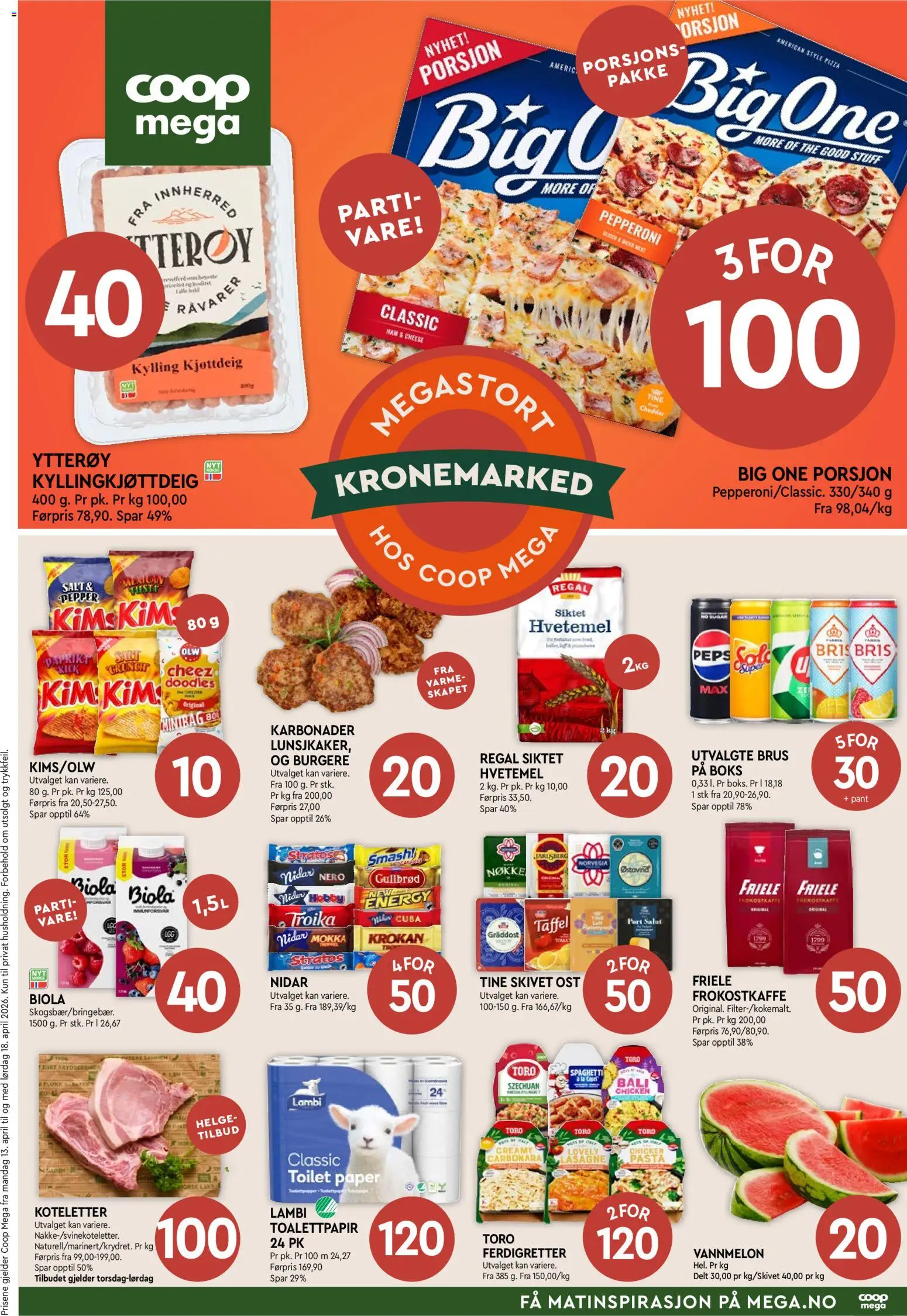 Forhåndsvis Coop Mega kundeavis fra butikk Coop Mega gyldig fra 13/04/2026 - Ost, Hvetemel, Skivet ost, Karbonader, 1, Vannmelon, Biola, Capri
