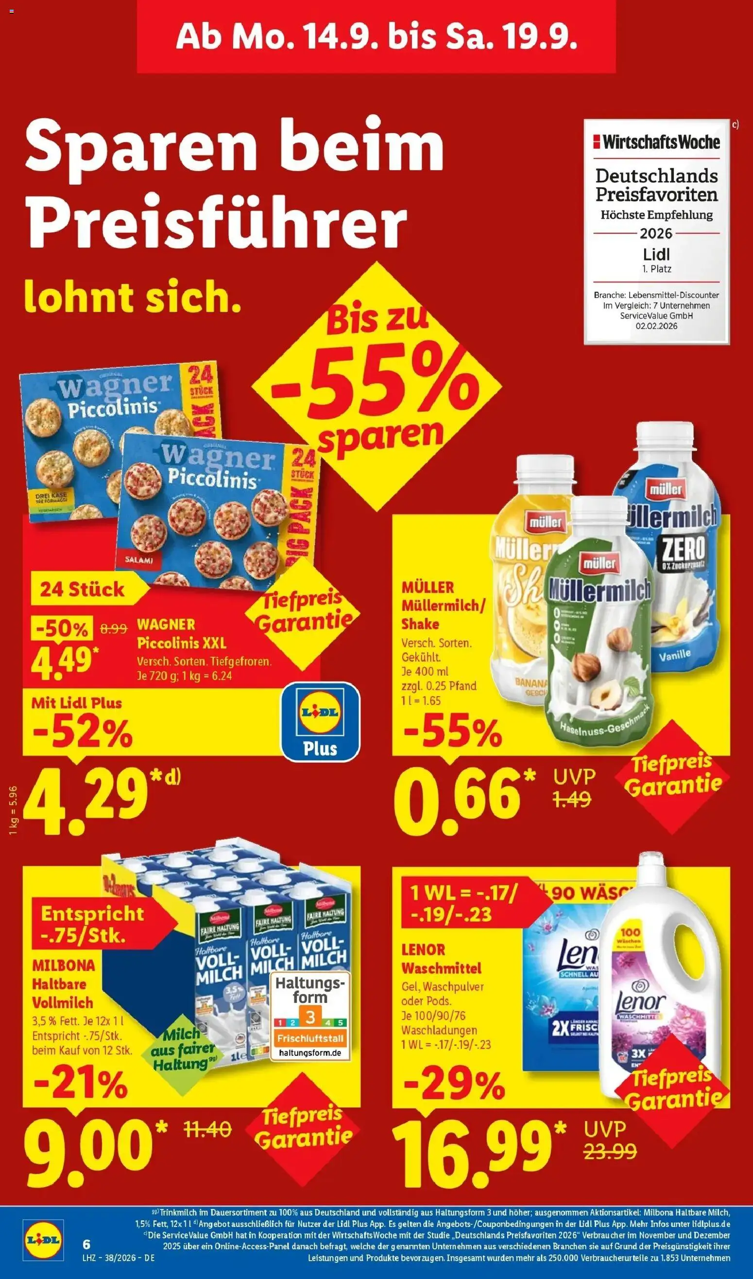 Vorschau von dem Prospekt des Geschäftes Lidl, gültig ab dem 14.09.2026 - Pizza, Käse, Milch, Piccolinis, Salami, Vanille, Lenor, Haltbare milch