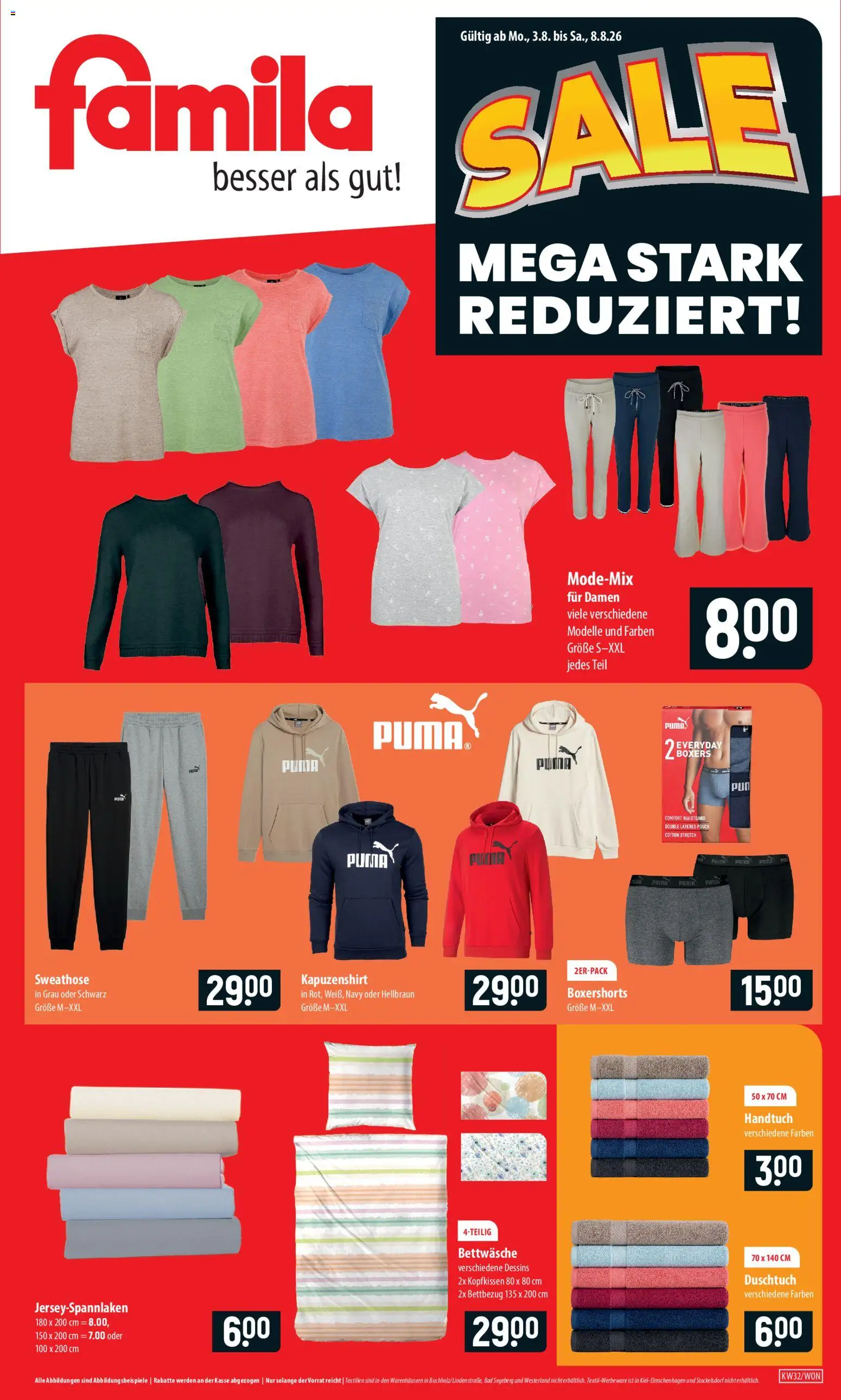 Vorschau von dem Prospekt des Geschäftes Famila, gültig ab dem 03.08.2026 - Bettwäsche, Bad, Kopfkissen, Sweathose