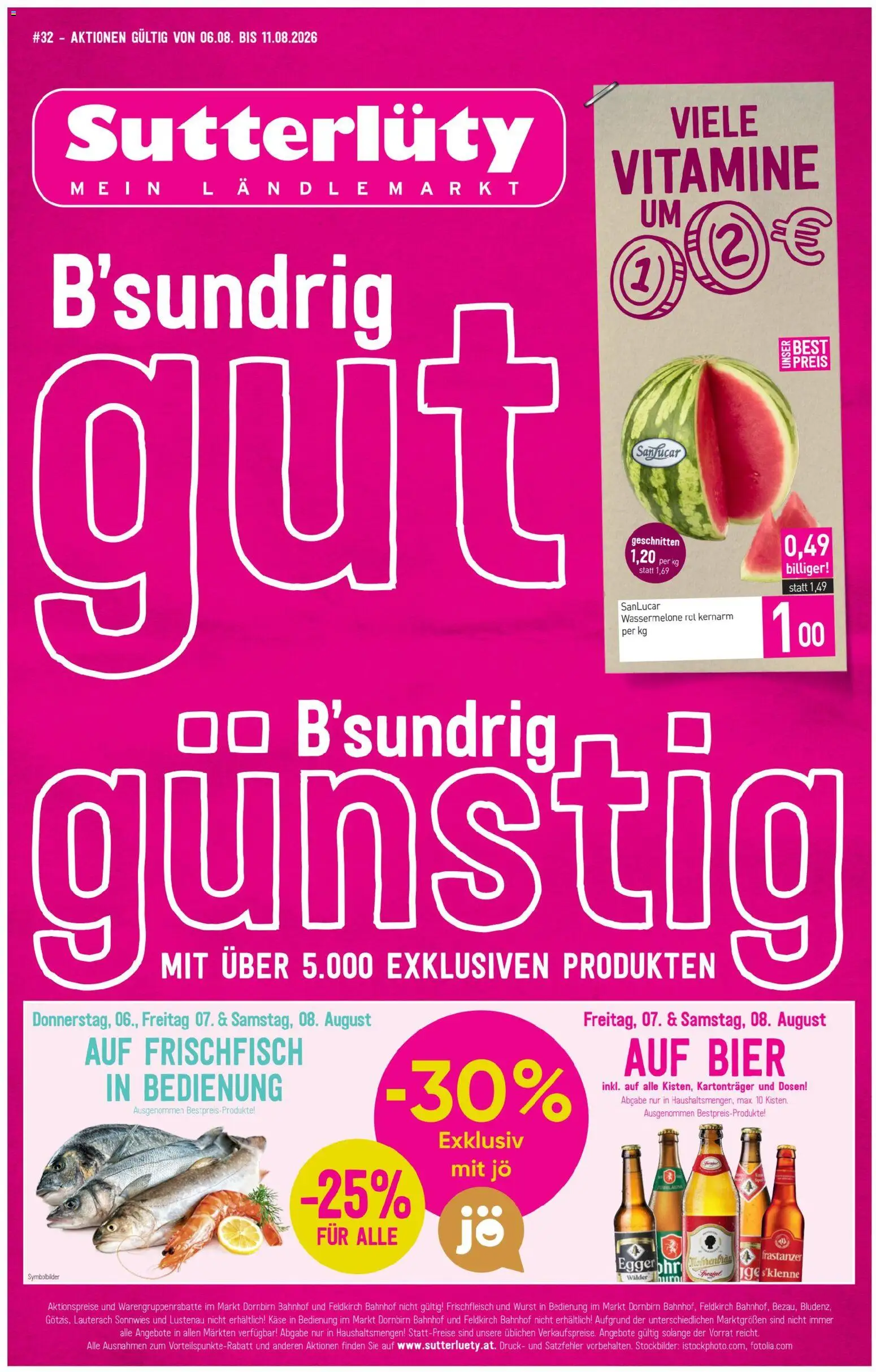 Vorschau der Angebote: Sutterlüty Sutterlüty Flugblatt gültig ab 06.08.2026 - Bier, Wurst, Käse, Wassermelone