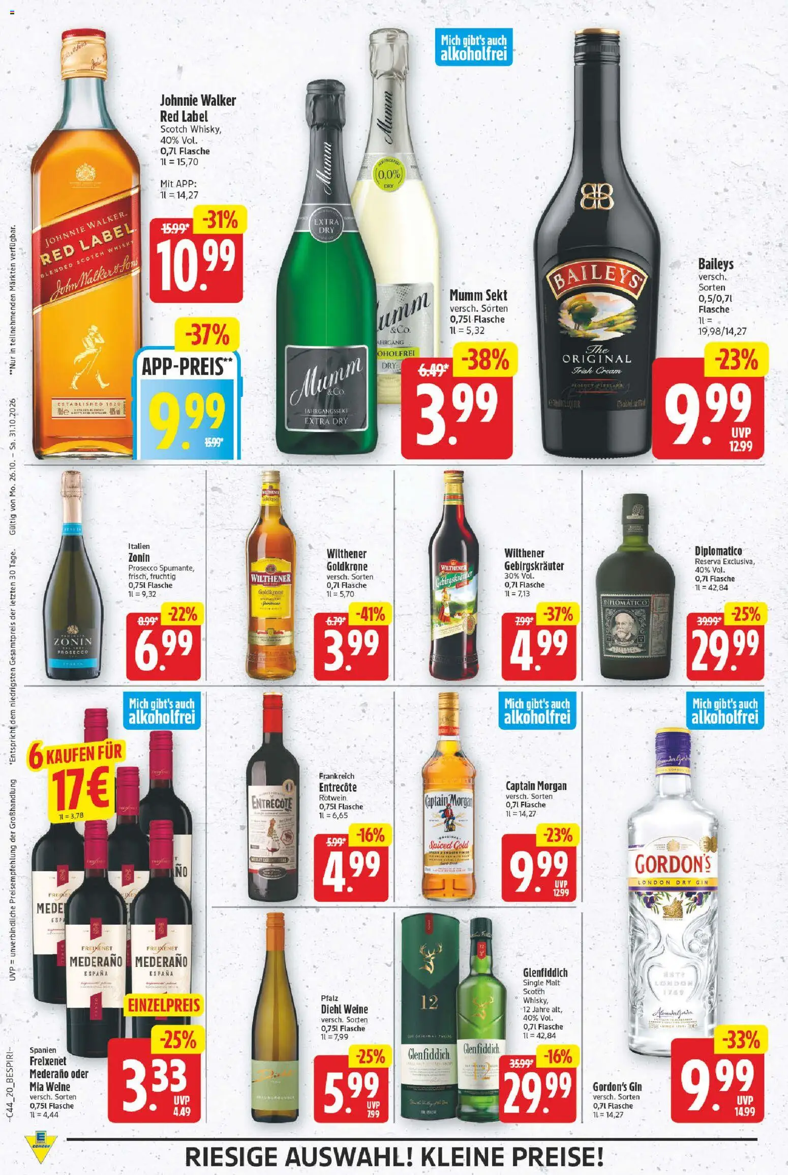 Vorschau von dem Prospekt des Geschäftes E center, gültig ab dem 26.10.2026 - Entrecote, Gin, Captain morgan, Johnnie walker, Freixenet, Mumm sekt, Wilthener gebirgskrauter, Wilthener