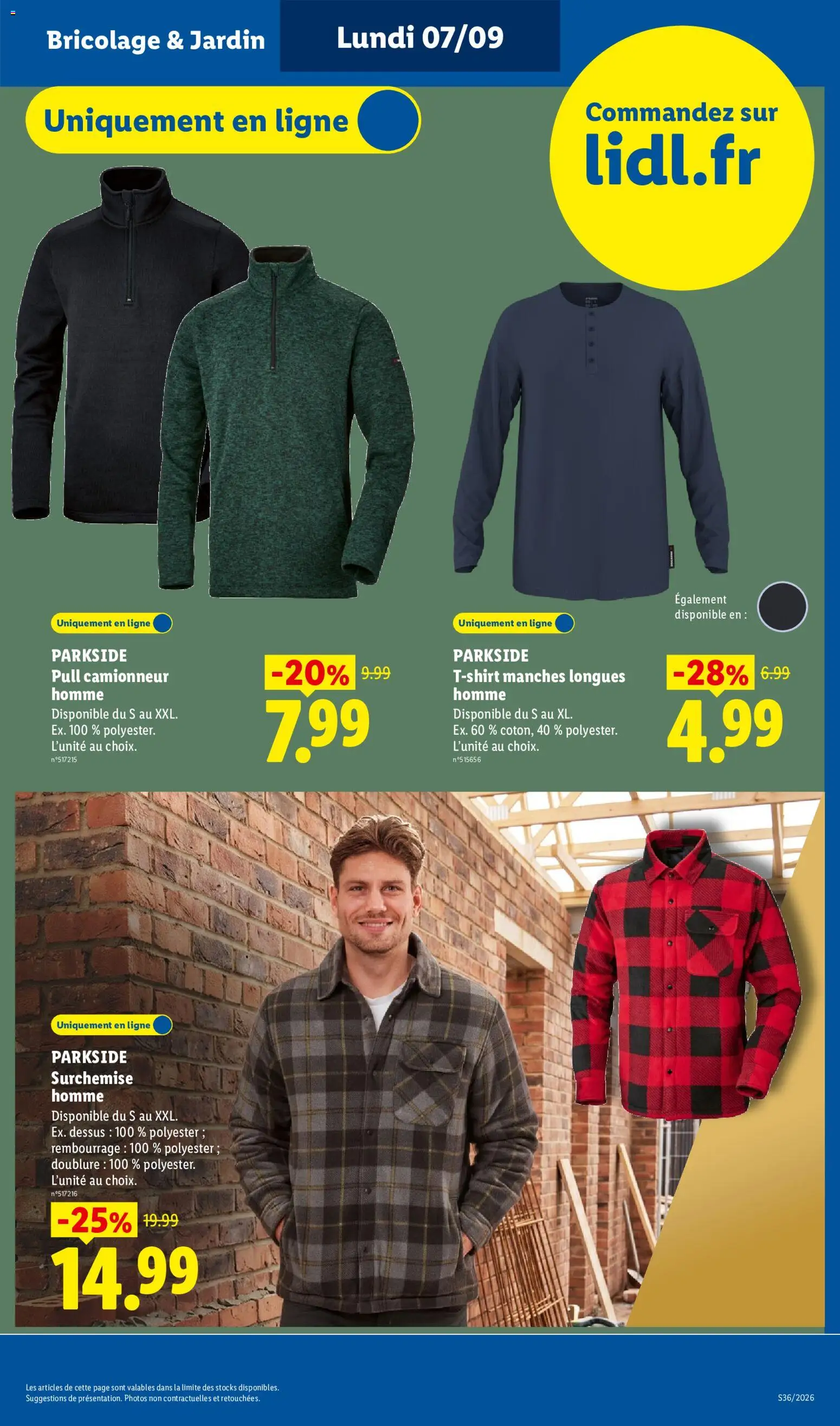Prévisualisation de LIDL catalogue les bonnes affaires Exclu Web du magasin LIDL formulaire valide 07/09/2026 - Bricolage, Parkside, Pull, T-shirt manches longues homme, T-shirt