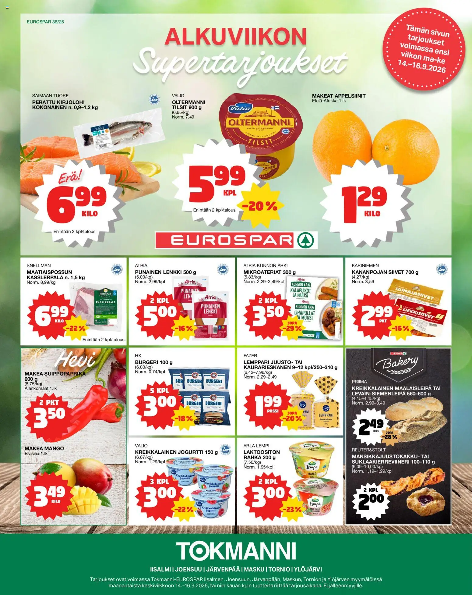 Kaupan Tokmanni Tokmanni - Eurospar esikatselu, voimassa 14/09/2026 - Mango, Kreikkalainen jogurtti, Kirjolohi, Juusto, Appelsiinit, Kalapuikot, Jogurtti, Kokonainen