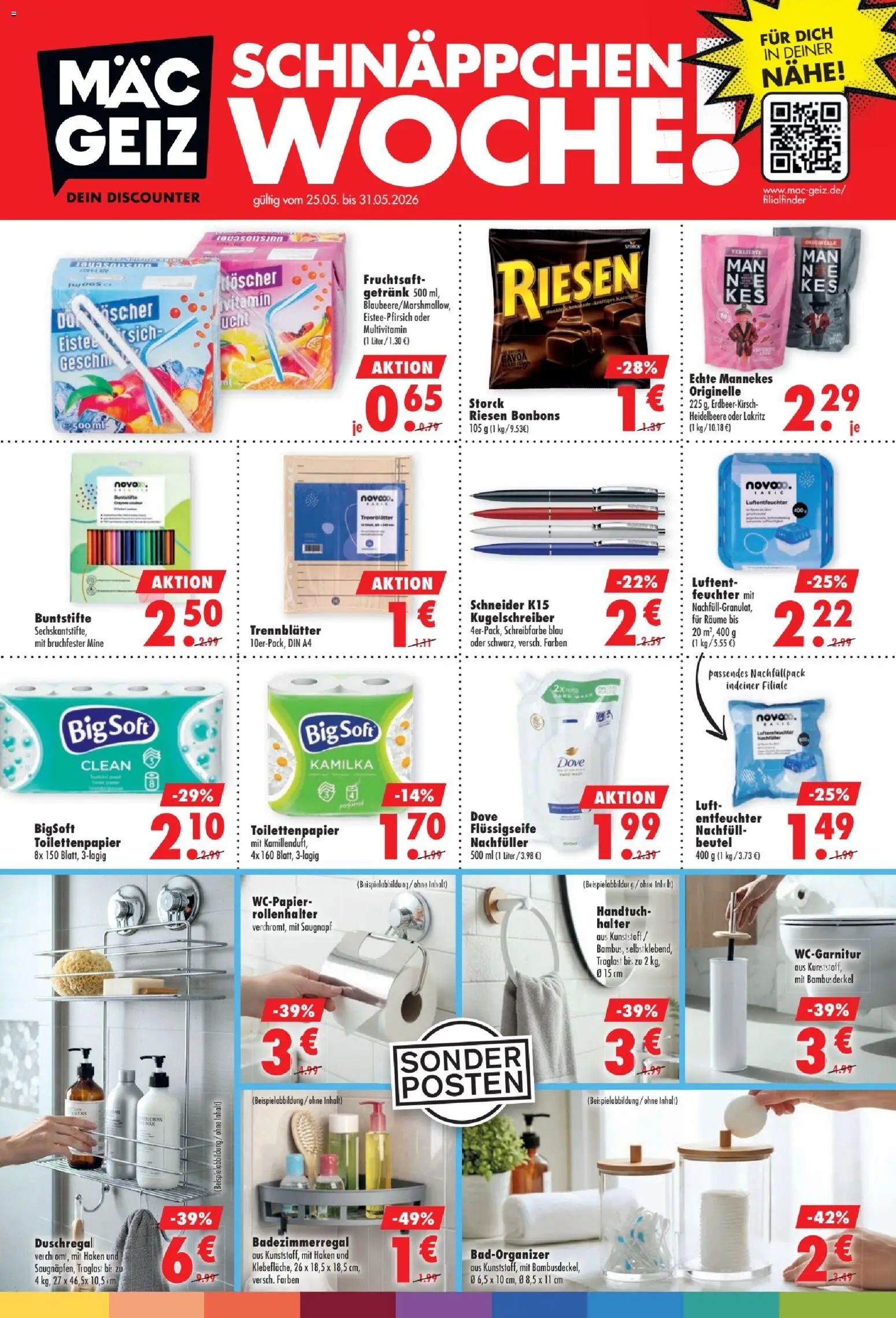 Vorschau von dem Prospekt des Geschäftes Mäc Geiz, gültig ab dem 25.05.2026 - Toilettenpapier, Duschregal, Fruchtsaft