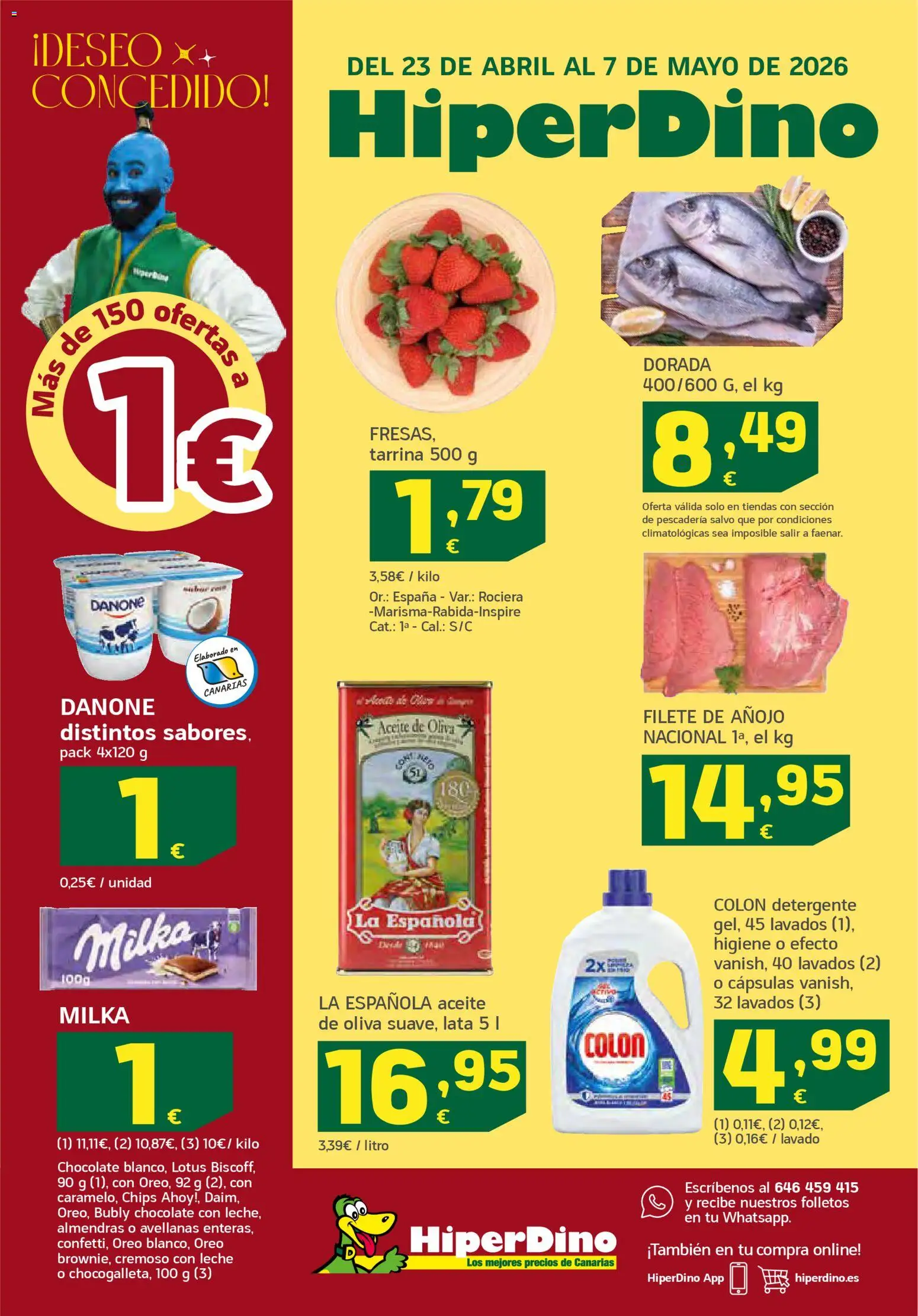 Vista previa del folleto de la tienda HiperDino válido desde el 23/04/2026 - Aceite de oliva, Chocolate, Lotus, Aceite, Leche, Avellanas, Almendras, Filete