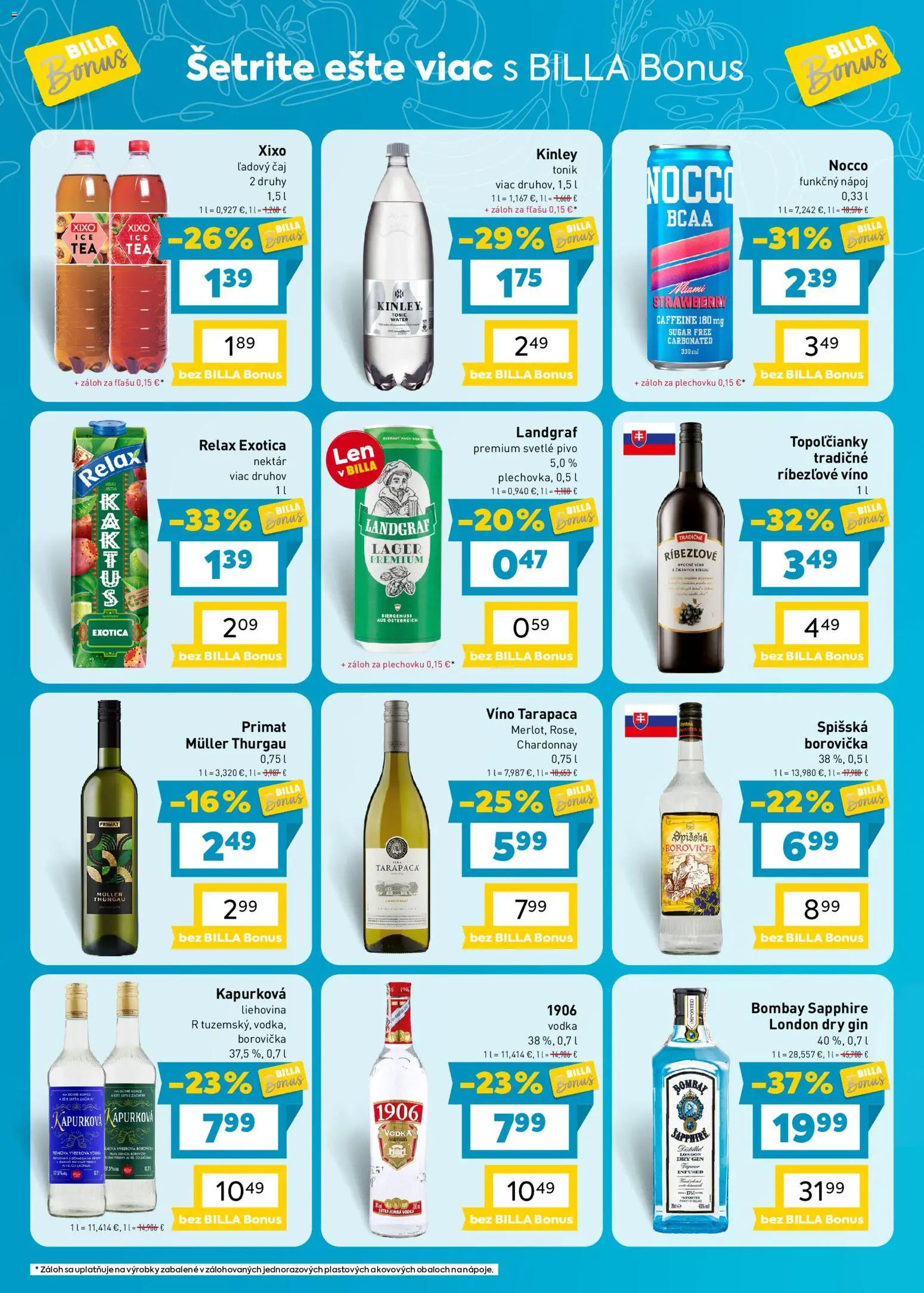 Náhľad Billa letáku platného od 07.10.2026 - Pivo, Víno, Vodka, Borovička, Gin, Čaj, Ľadový čaj, Ríbezľové víno