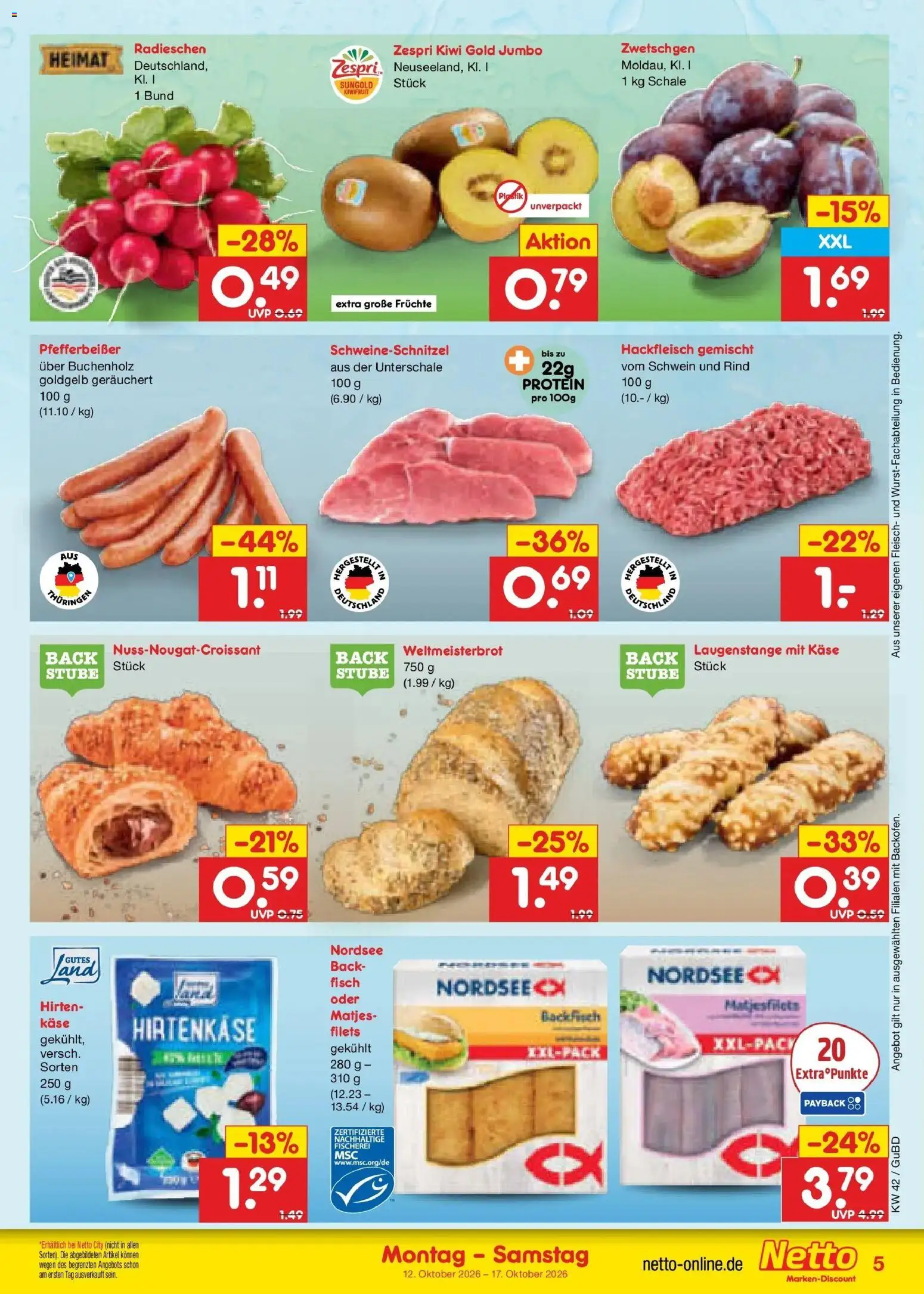 Vorschau von dem Prospekt des Geschäftes Netto Marken-Discount, gültig ab dem 12.10.2026 - Käse, Fisch, Kiwi, Fleisch, Hackfleisch, Zwetschgen