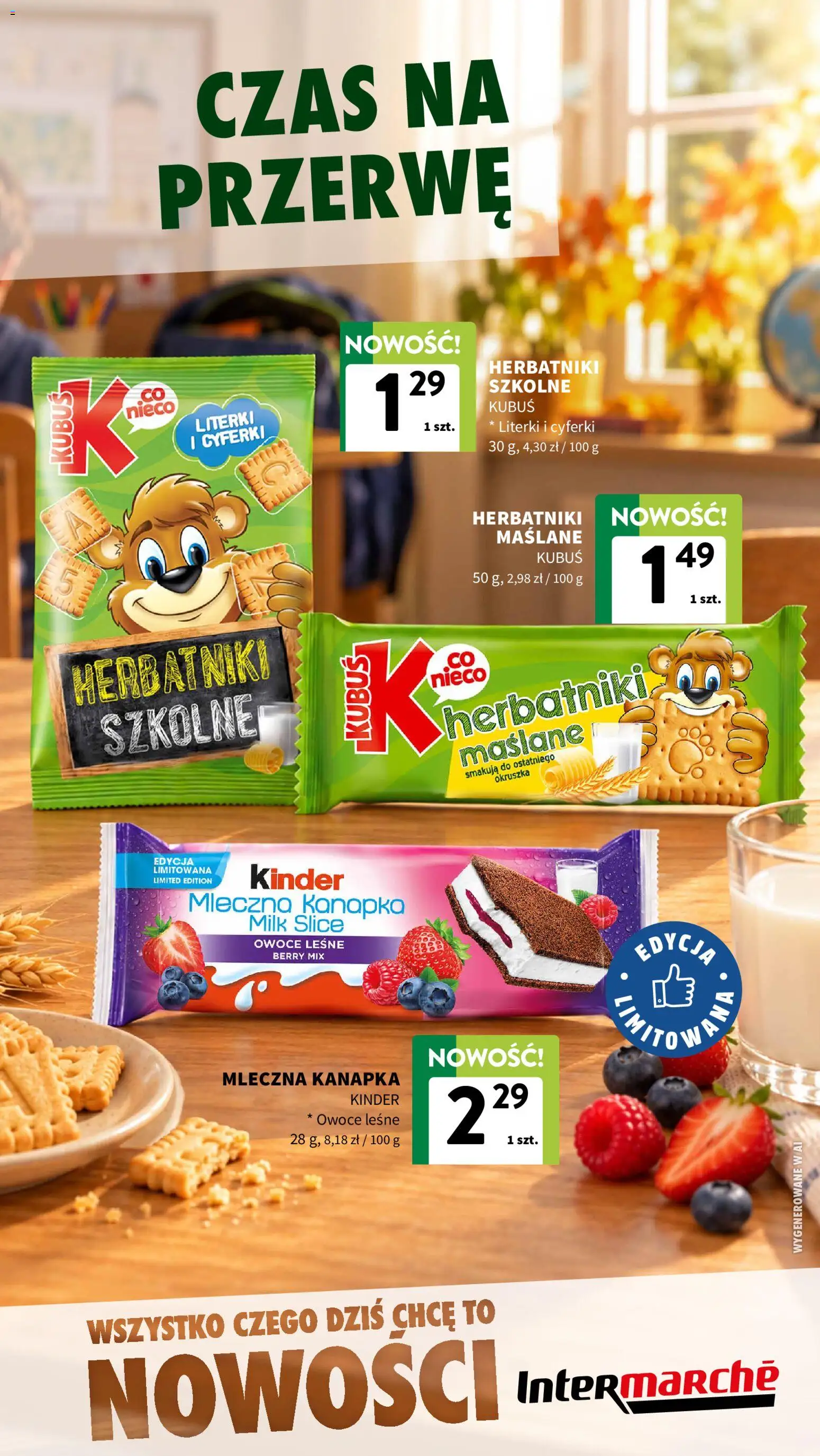 Pogląd gazetki "Intermarche gazetka - Nowości" ze sklepu Intermarche ważnej od 14.10.2026 - Owoce, Kubuś, Herbatniki, Mleczna kanapka, Owoce leśne