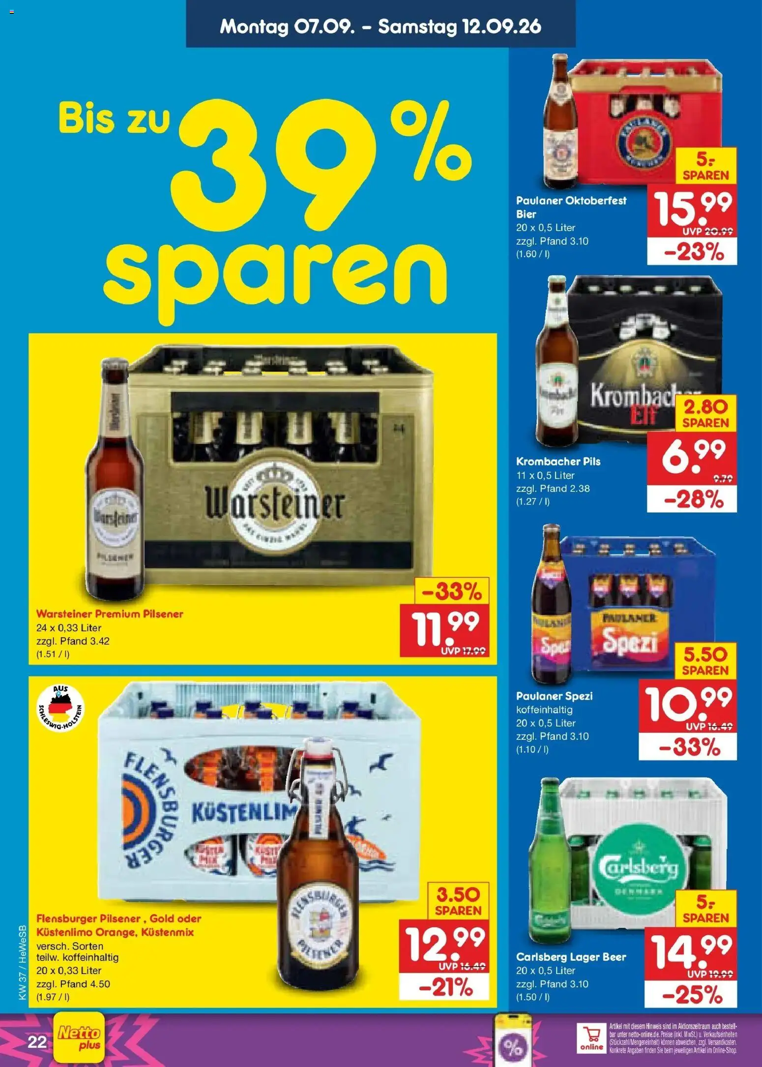 Vorschau von dem Prospekt des Geschäftes Netto Marken-Discount, gültig ab dem 07.09.2026 - Flensburger, Bier, Warsteiner, Krombacher, Paulaner spezi, Paulaner, Carlsberg, Pils