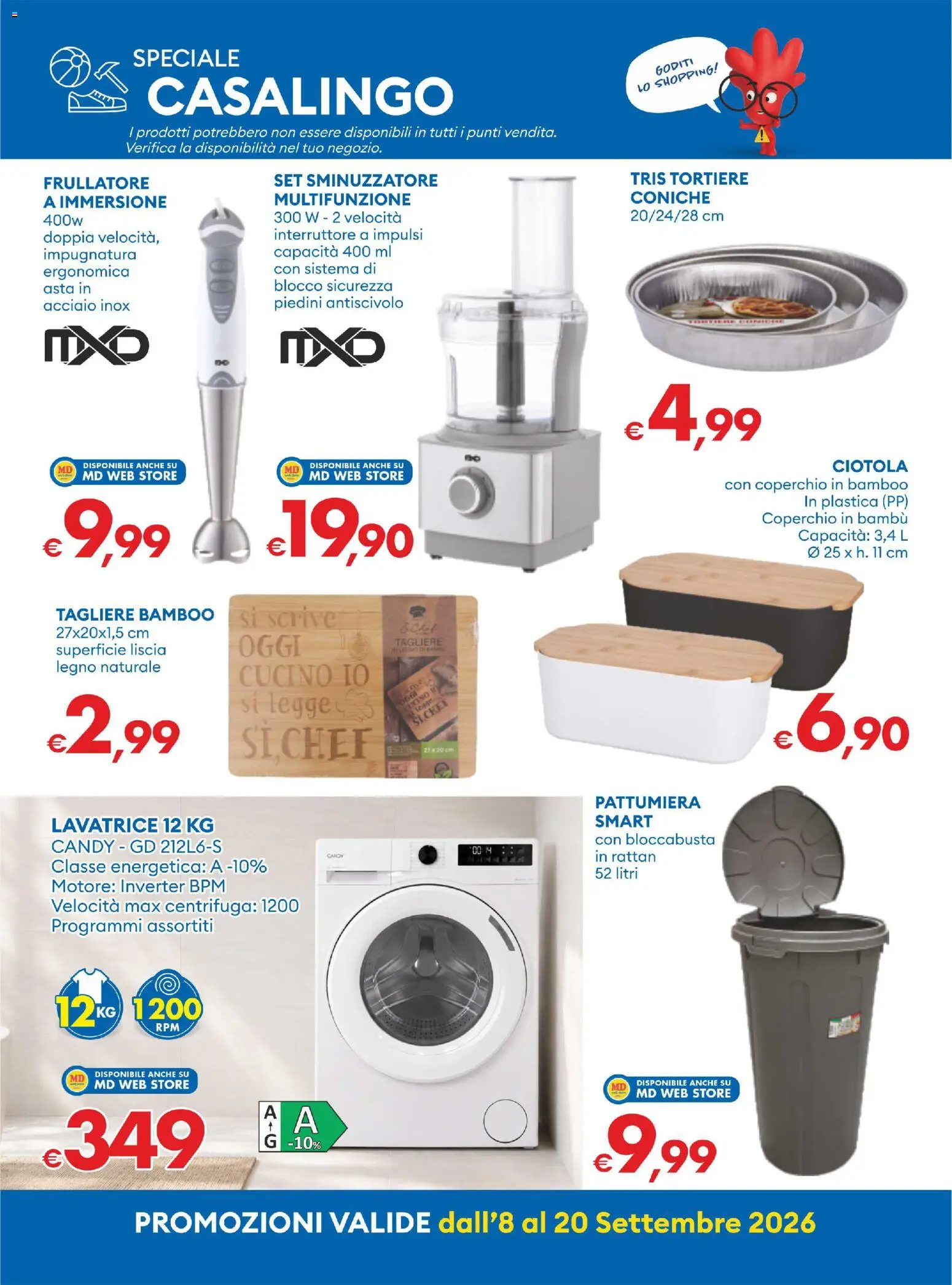 Anteprima dell'opuscolo MD Discount volantino dal negozio MD Discount valido da 08/09/2026 - Lavatrice, Frullatore, Tagliere, Centrifuga, Ciotola, Pattumiera, Coperchio