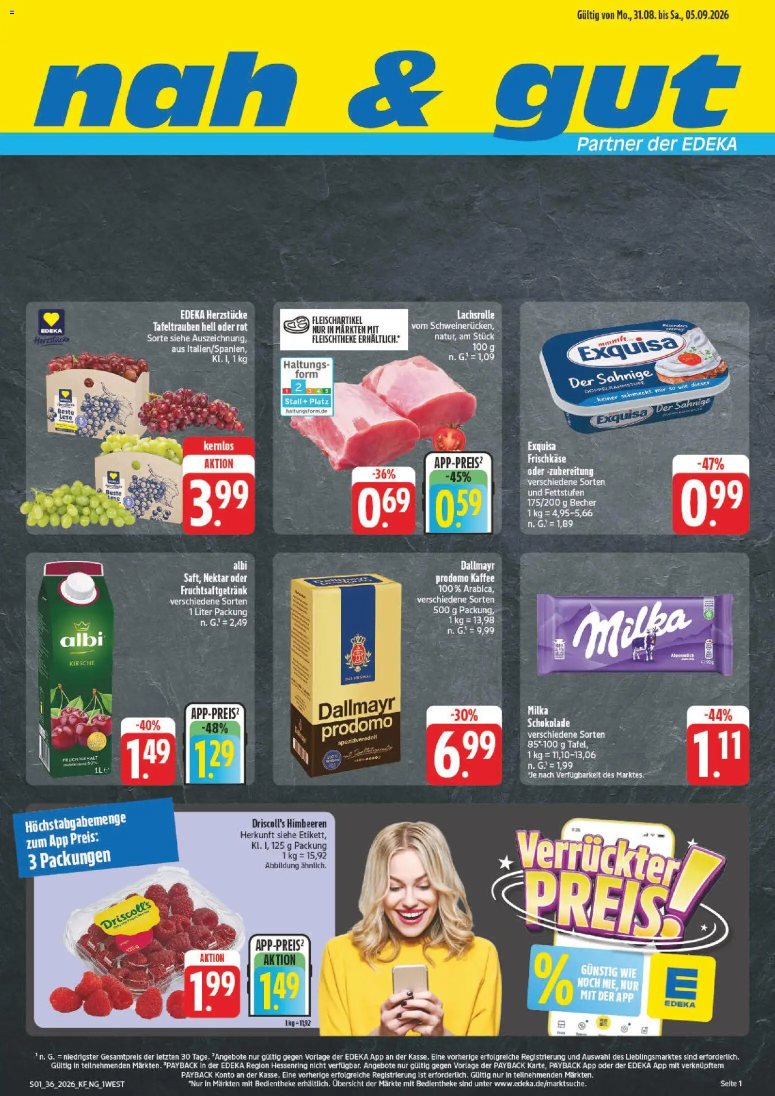 Vorschau von dem Prospekt des Geschäftes nah & gut, gültig ab dem 31.08.2026 - Kaffee, Schokolade, Himbeeren, Milka, Dallmayr, Exquisa, Frischkase
