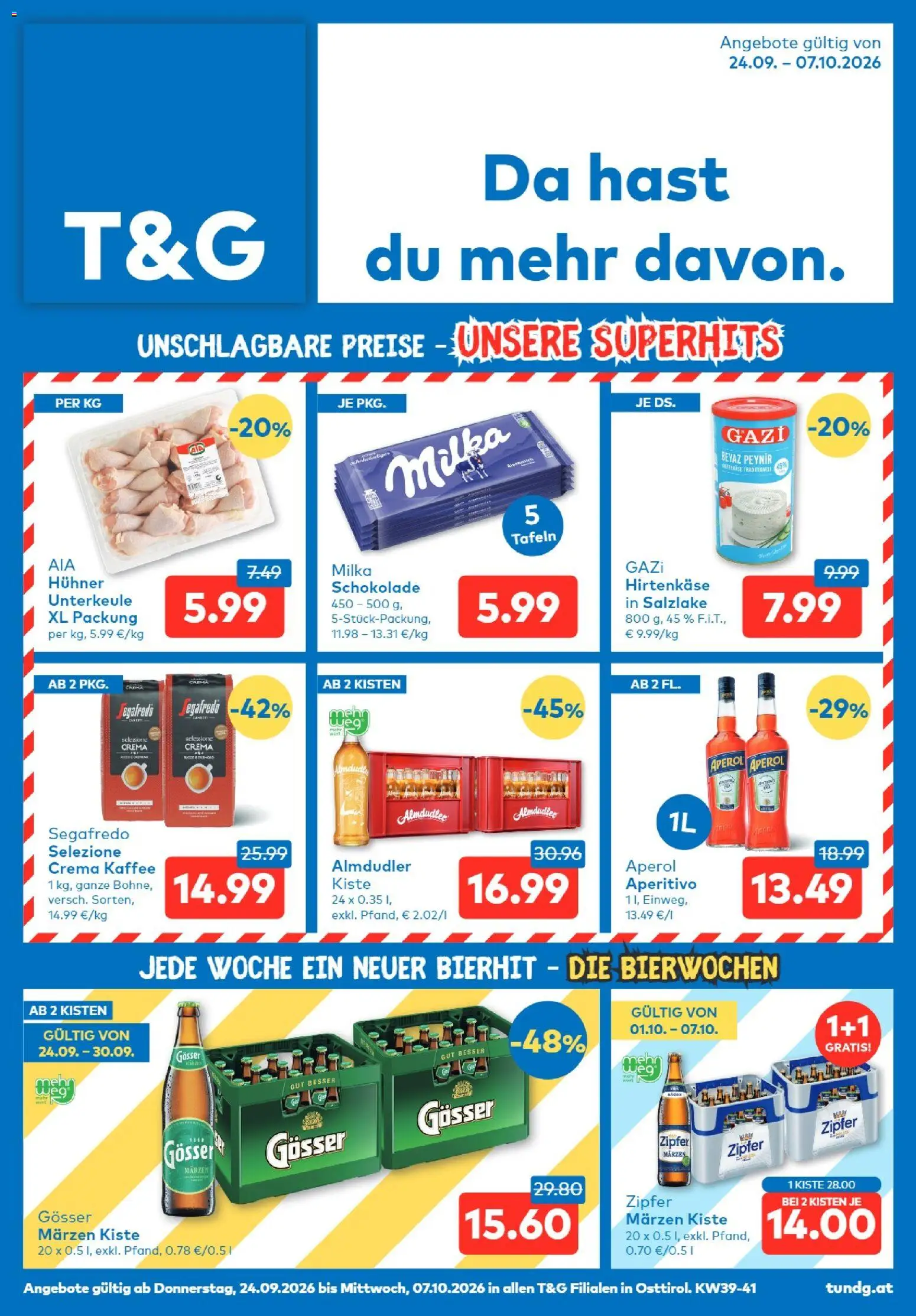 Vorschau der Angebote: T&G T&G Osttirol gültig ab 24.09.2026 - Kaffee, Schokolade, Aperol