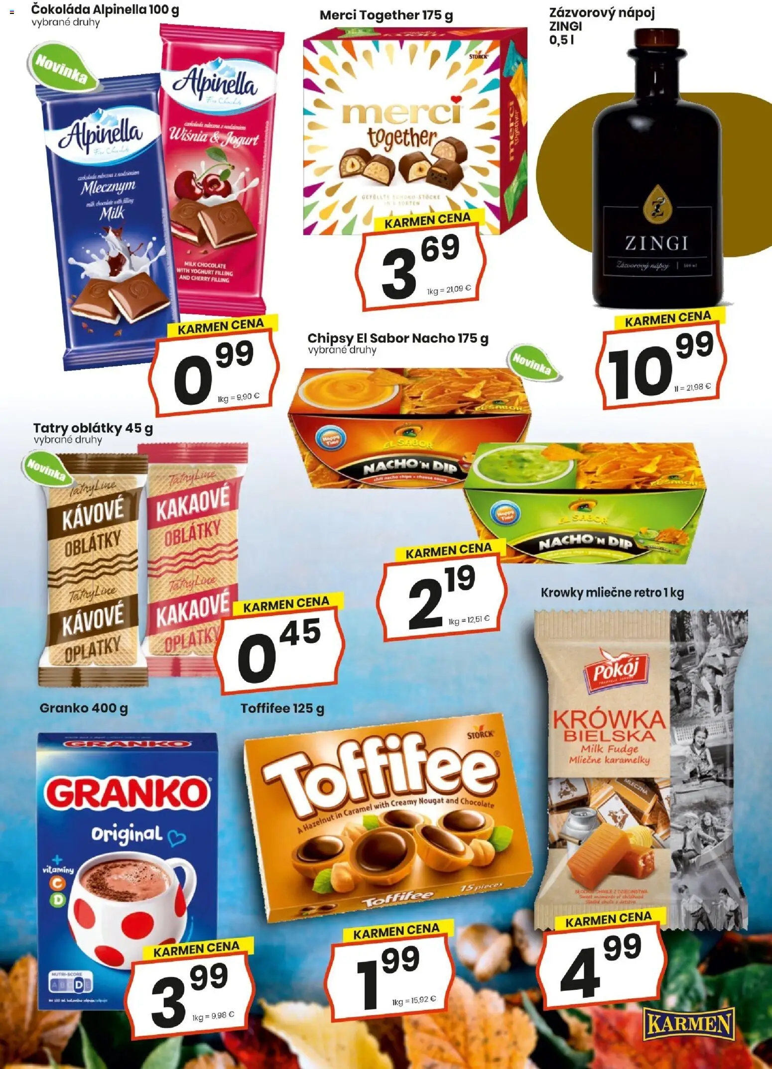 Náhľad KARMEN CBA letáku platného od 15.10.2026 - Čokoláda, Merci, Toffifee, Granko, Jogurt, Chipsy, Oblátky
