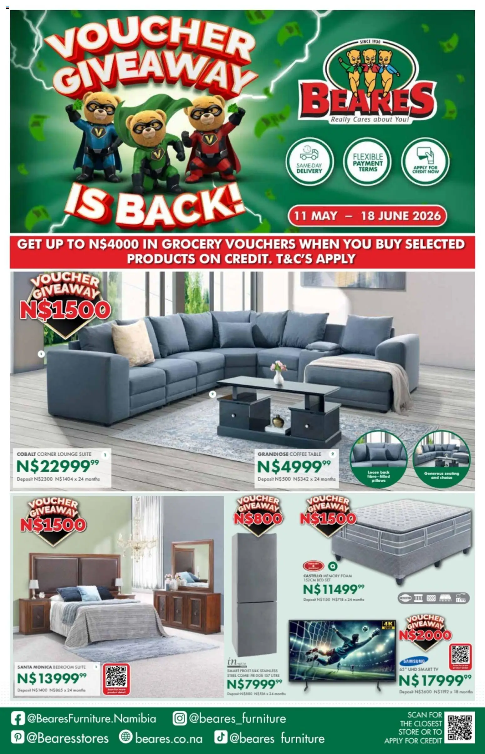 Preview of Beares flyer valid from 11/05/2026 - Coffee, Fridge, Coffee table, Bed, TV, Lounge suite, Foam, Table