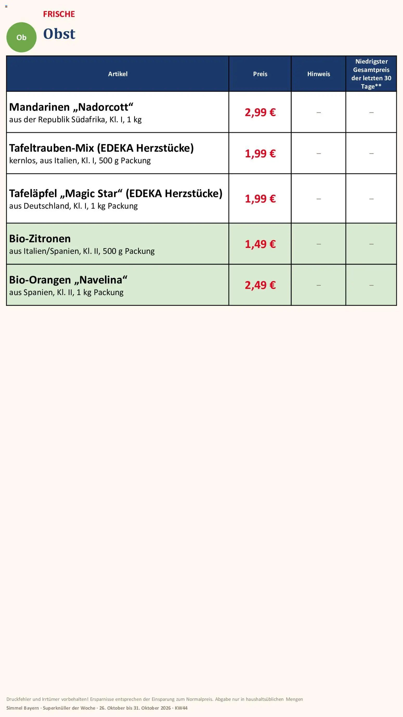 Vorschau von dem Prospekt des Geschäftes Simmel, gültig ab dem 26.10.2026 - Obst, Mandarinen
