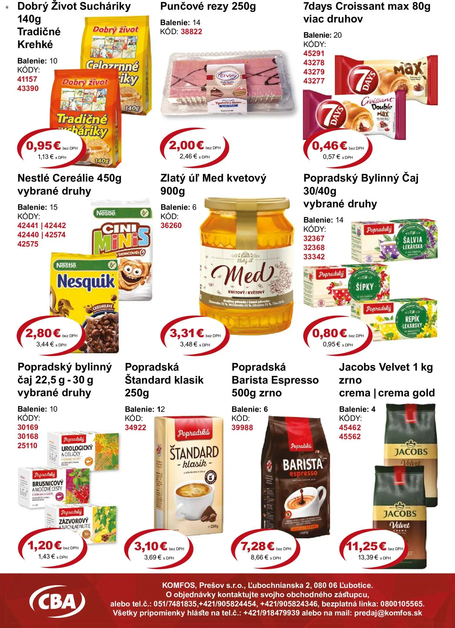Náhľad CBA Komfos letáku platného od 18.09.2026 - Med, Káva, Croissant, Jacobs Velvet, Barista, Nesquik, Cereálie, Bylinný čaj