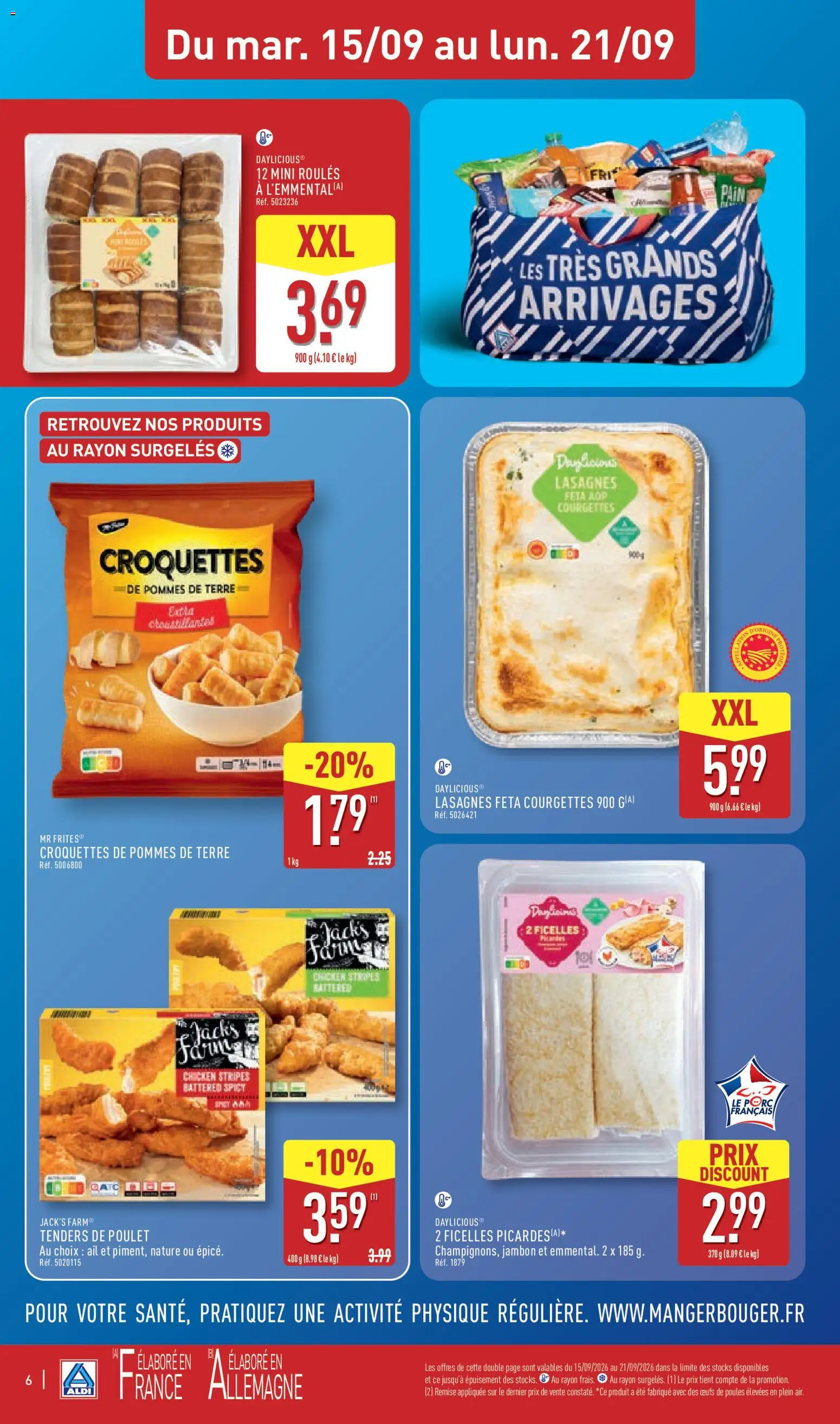 Prévisualisation de Aldi catalogue du magasin Aldi formulaire valide 15/09/2026 - Lasagnes, Poulet, Pain, Jambon, Ail, Feta, Frites, Pommes