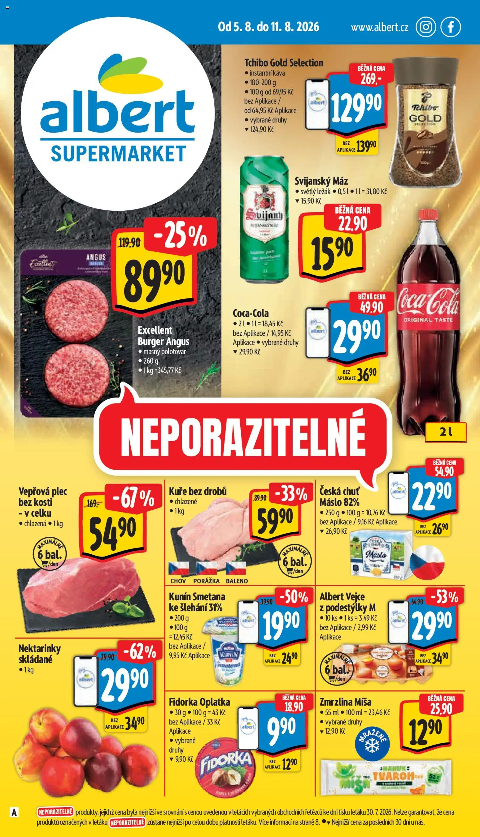 Náhled nabídky: Albert Albert leták - Supermarket platný od 05.08.2026 - Káva, Zmrzlina, Vepřová plec, Svijany, Nanuk, Tchibo Gold, Vepřová plec bez kosti, Plec bez kosti