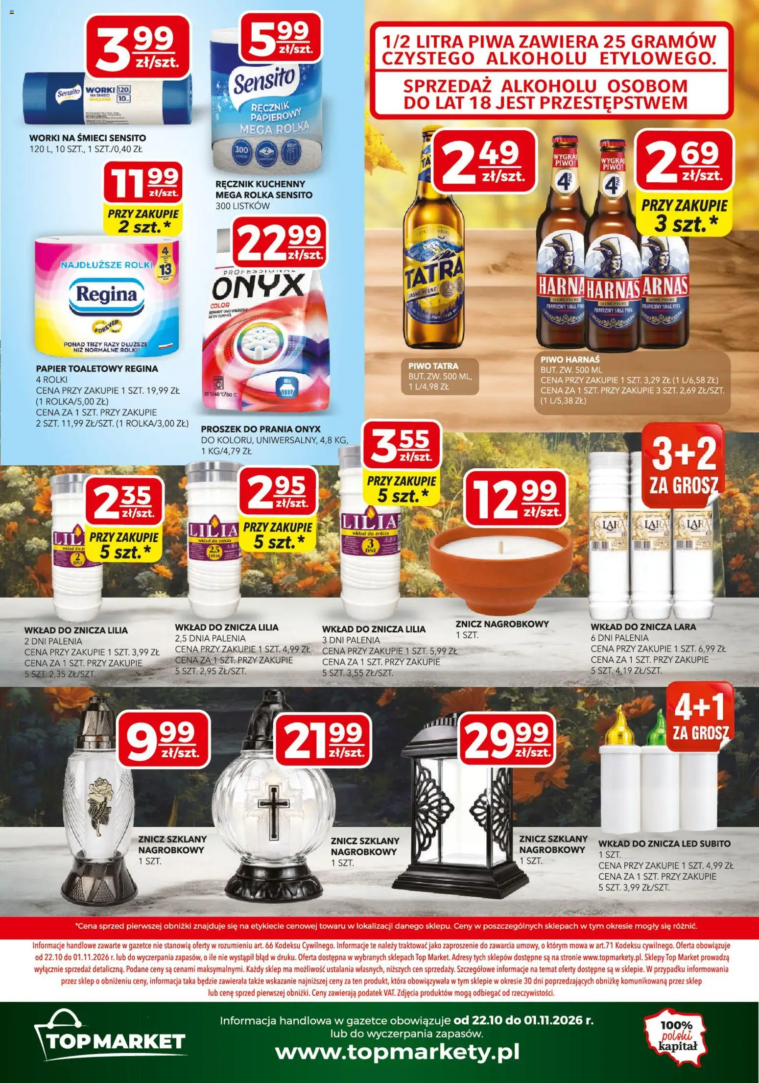 Pogląd gazetki "Top Market gazetka mini" ze sklepu Top Market ważnej od 22.10.2026 - Piwo, Top, Rolki, Proszek do prania, Papier toaletowy, Harnaś, Piwo Harnaś, Ręcznik kuchenny