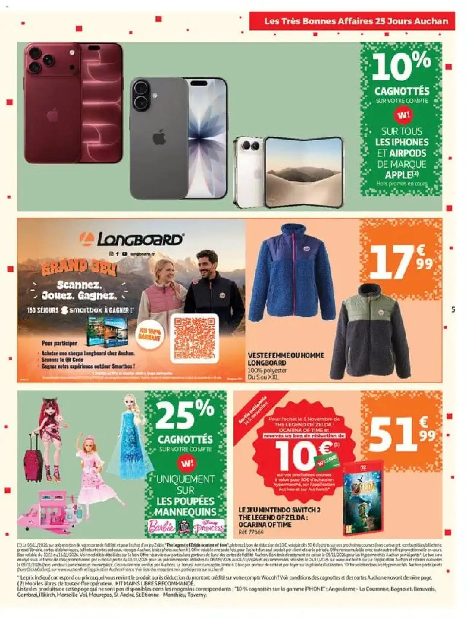 Prévisualisation de Auchan 25 jours 2 hypers du magasin Auchan formulaire valide 03/11/2026 - Iphone, Vidéo, Nintendo Switch, Barbie, Veste, Veste femme, Thé