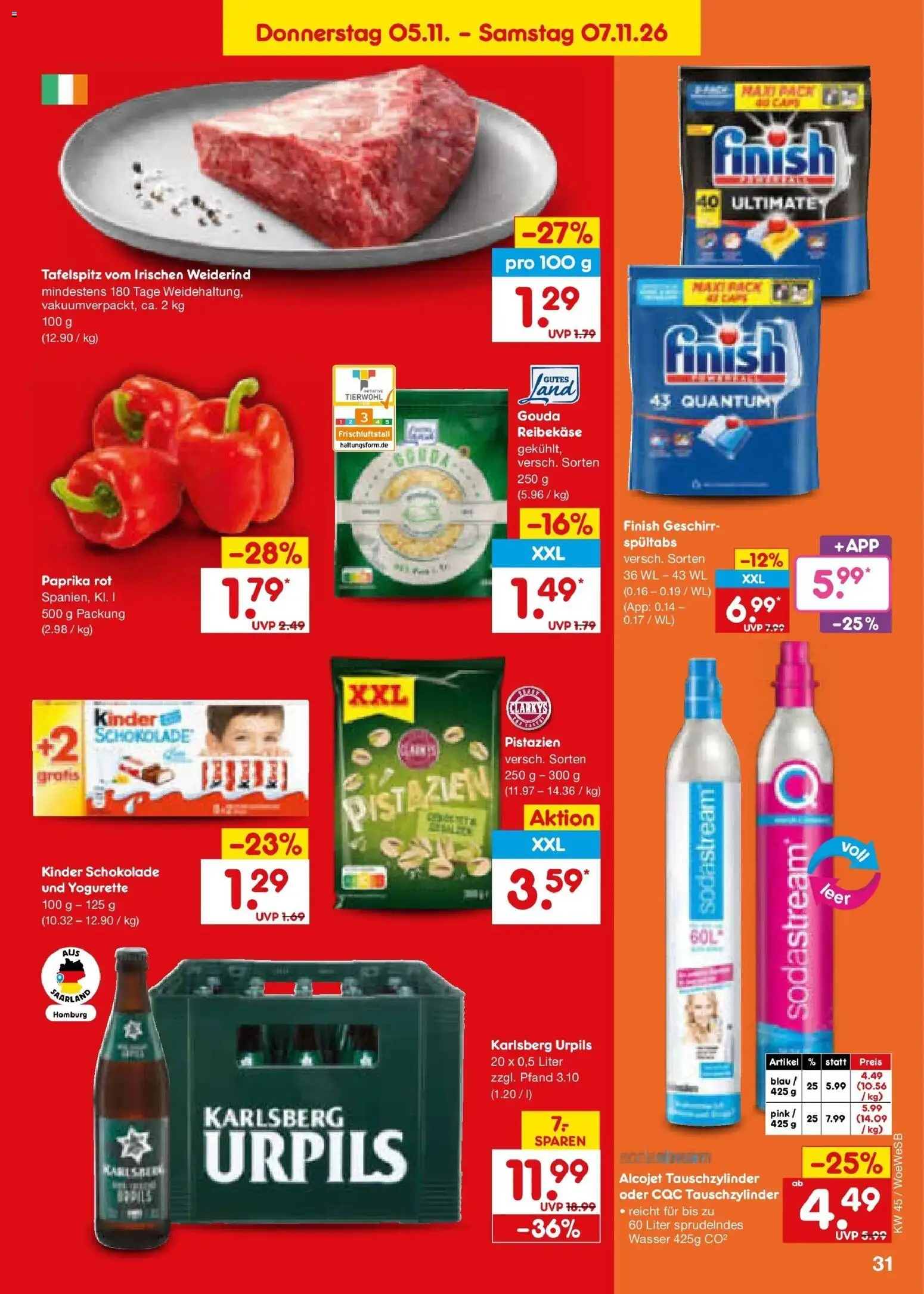 Vorschau von dem Prospekt des Geschäftes Netto Marken-Discount, gültig ab dem 02.11.2026 - Wasser, Sodastream, Tafelspitz, Pistazien, Paprika, Gouda, Paprika rot, Kinder schokolade